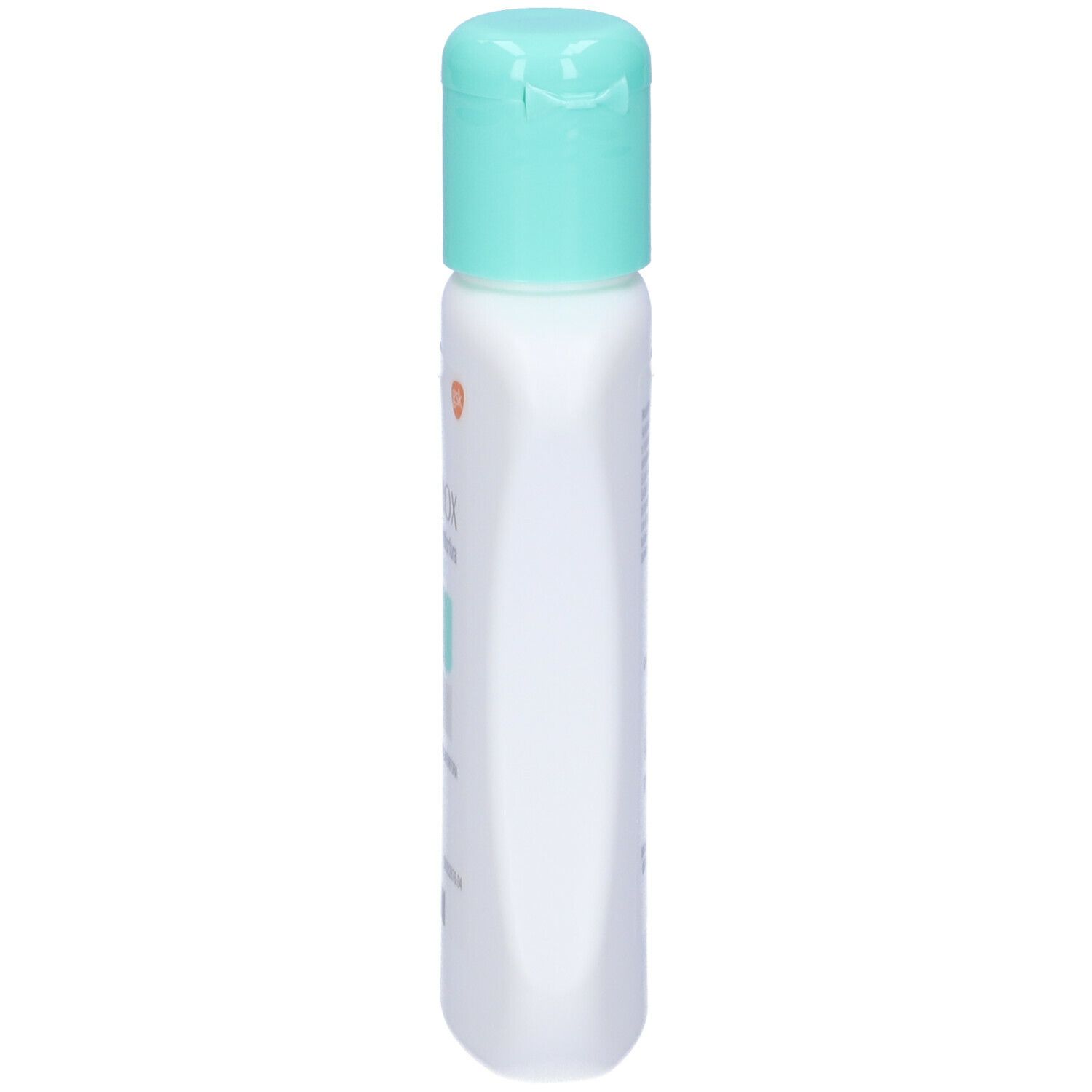 Flacon blanc avec bouchon turquoise. Vue latérale. Aucun autre détail visible.