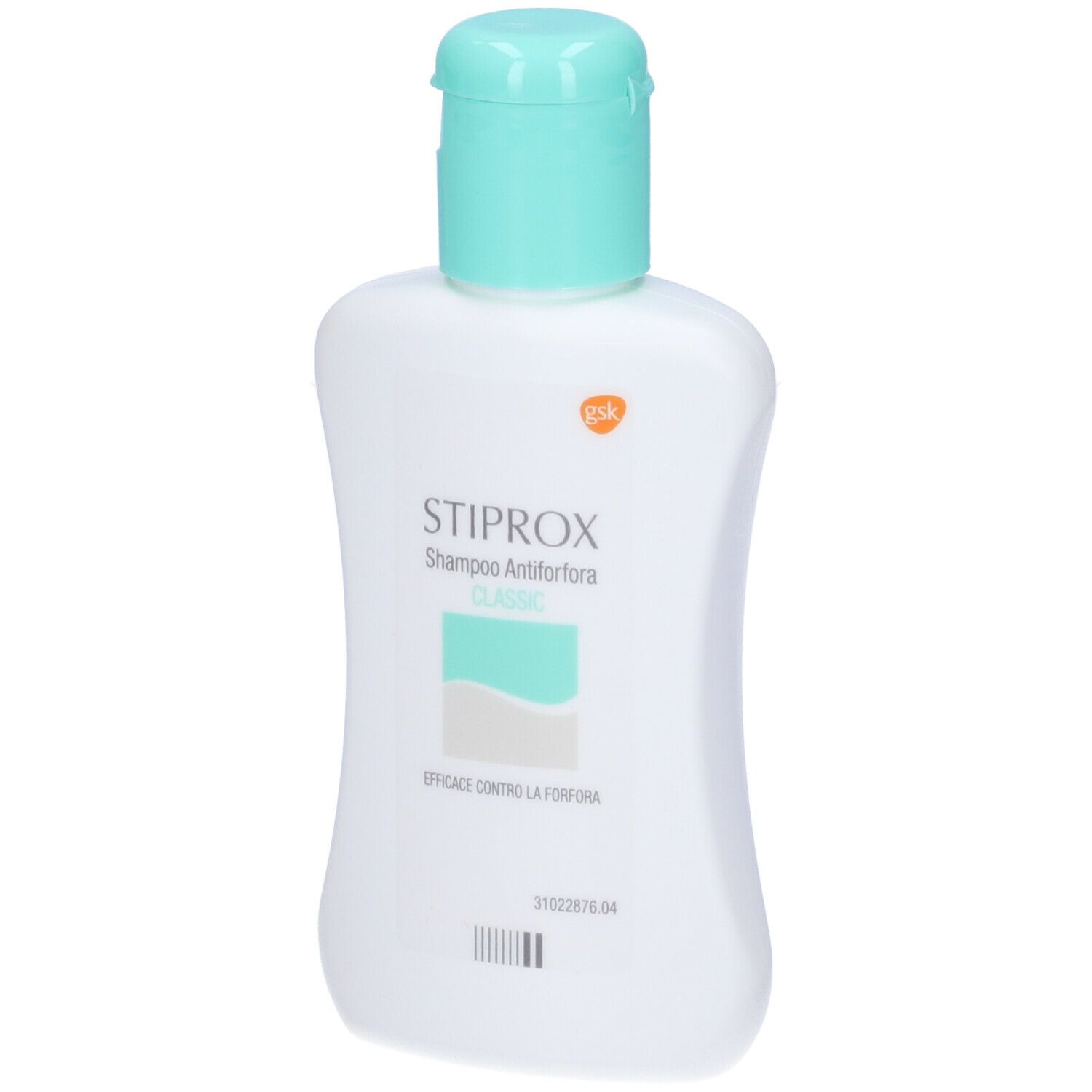 Flacon blanc avec bouchon turquoise. Inscription STIPROX Shampoo Antiforfora Classic. Logo.