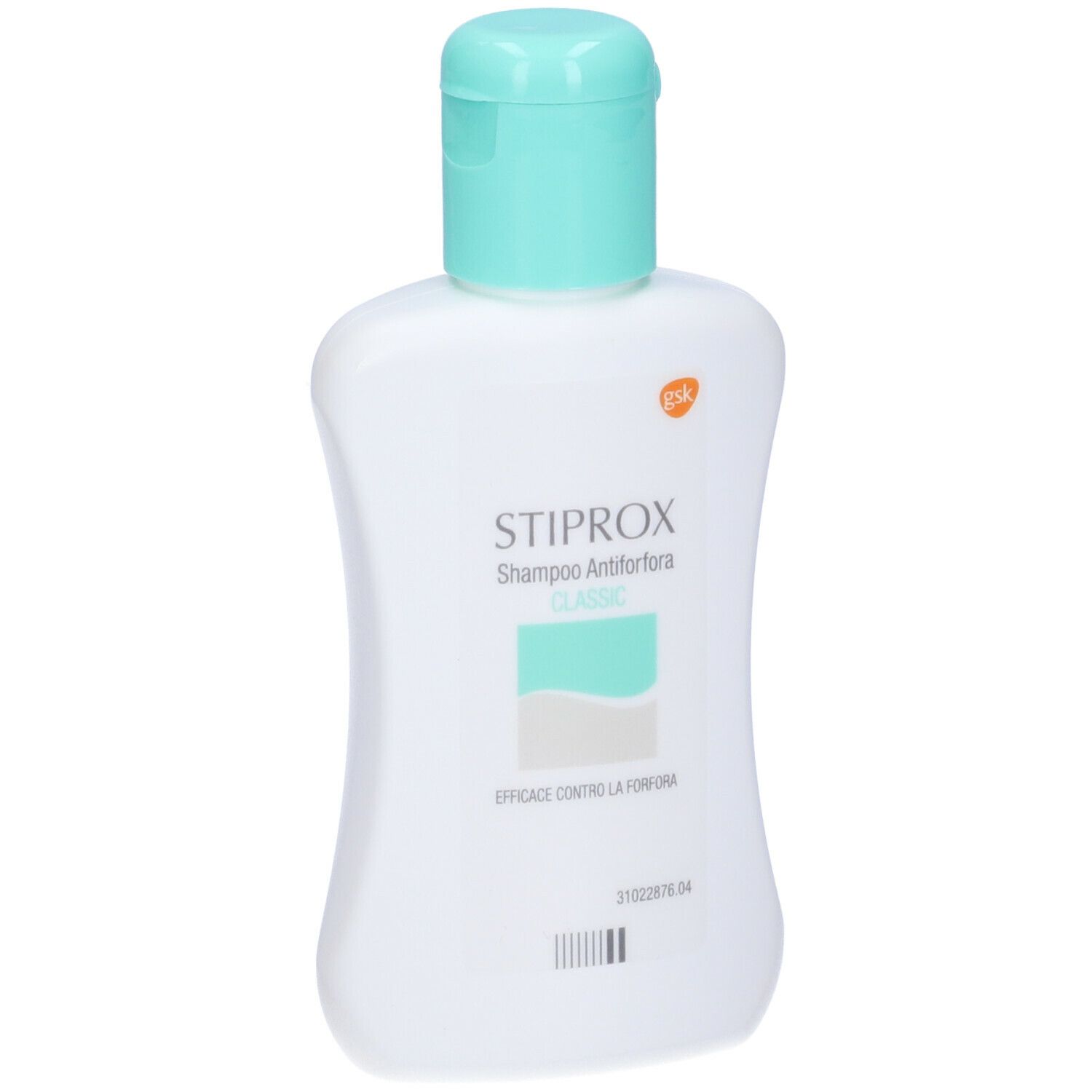 Flacon blanc avec bouchon turquoise. Inscription STIPROX Shampoo Antiforfora Classic. Logo.