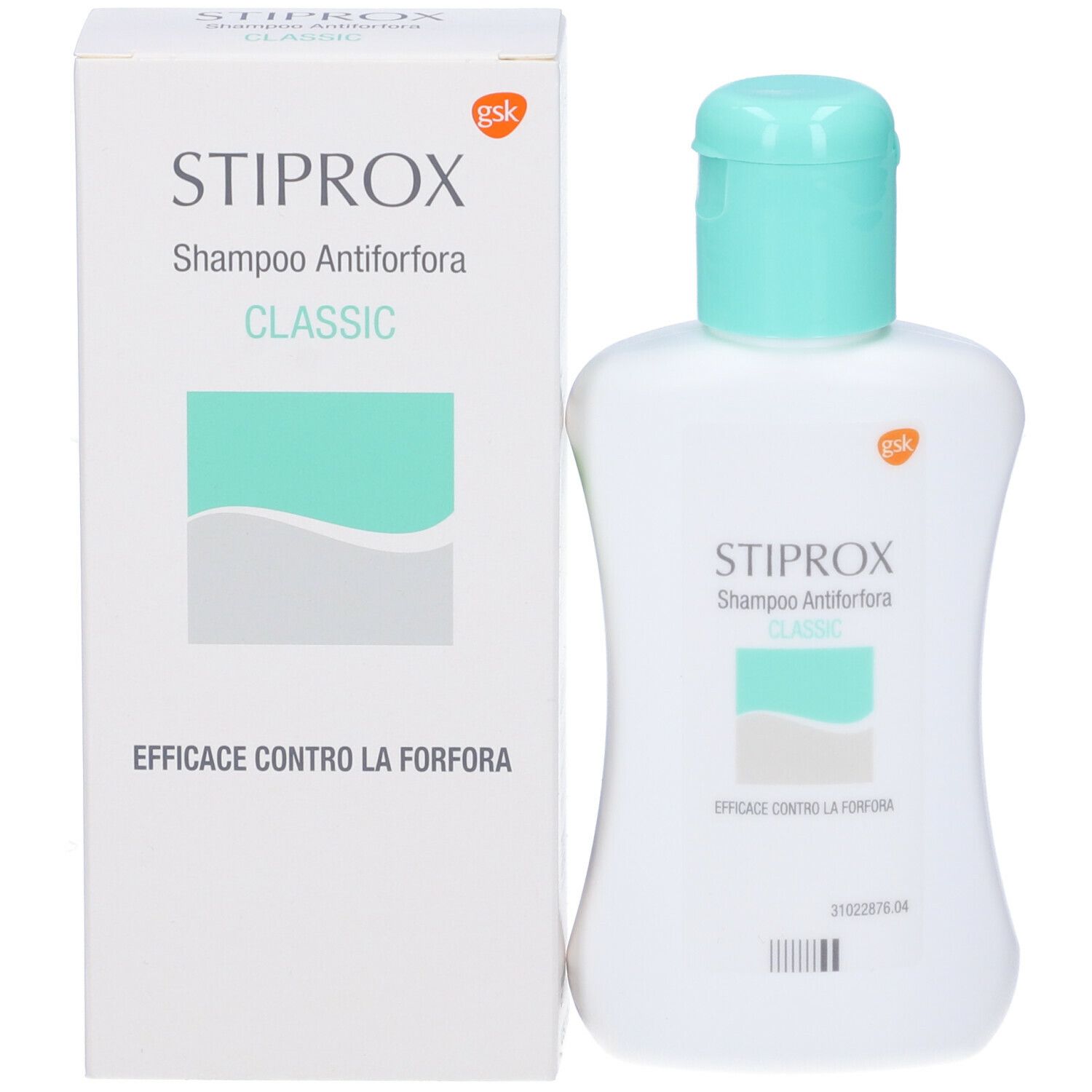 Emballage et flacon du produit. Inscription STIPROX Shampoo Antiforfora Classic. Logo.