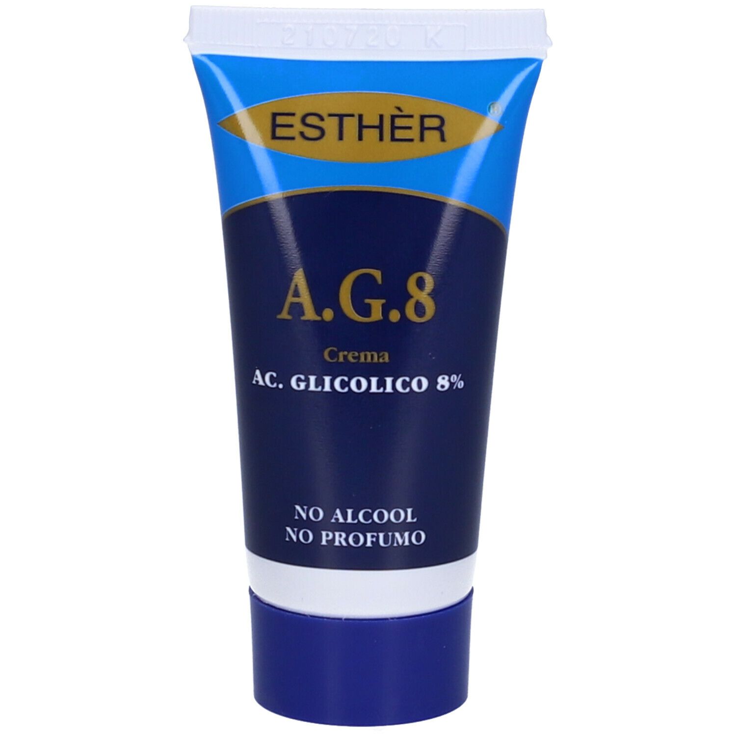 Tubo blu e bianco con nome del prodotto e scritta A.G. 8 Crema AC. Glicolico 8%. Senza alcol e profumo.
