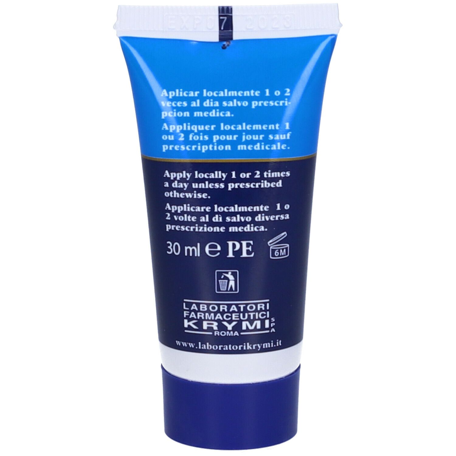 Retro del tubo con istruzioni multilingue. Volume: 30 ml. Informazioni del produttore.