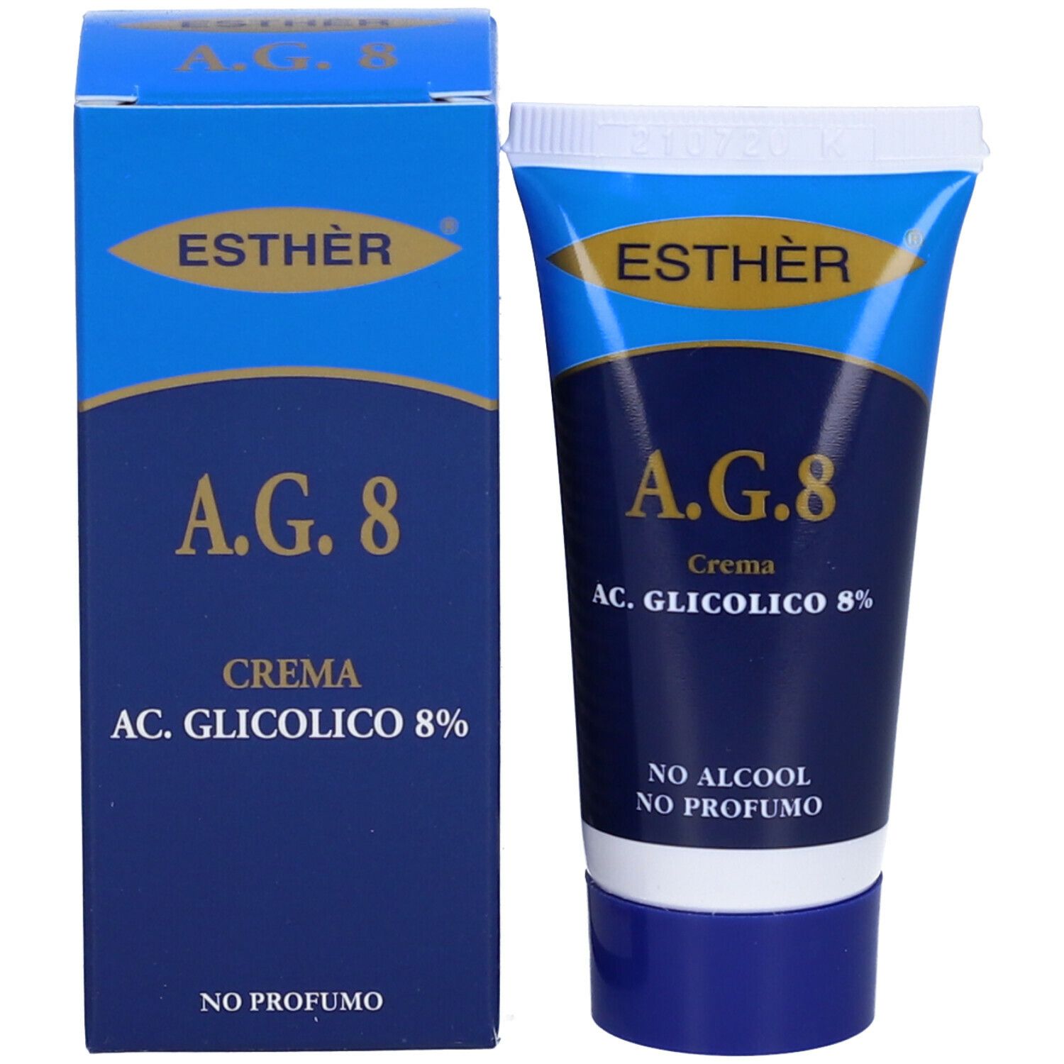 Confezione del prodotto con tubo e scatola. Entrambi mostrano il nome e le informazioni del prodotto: A.G. 8 Crema AC. Glicolico 8%.
