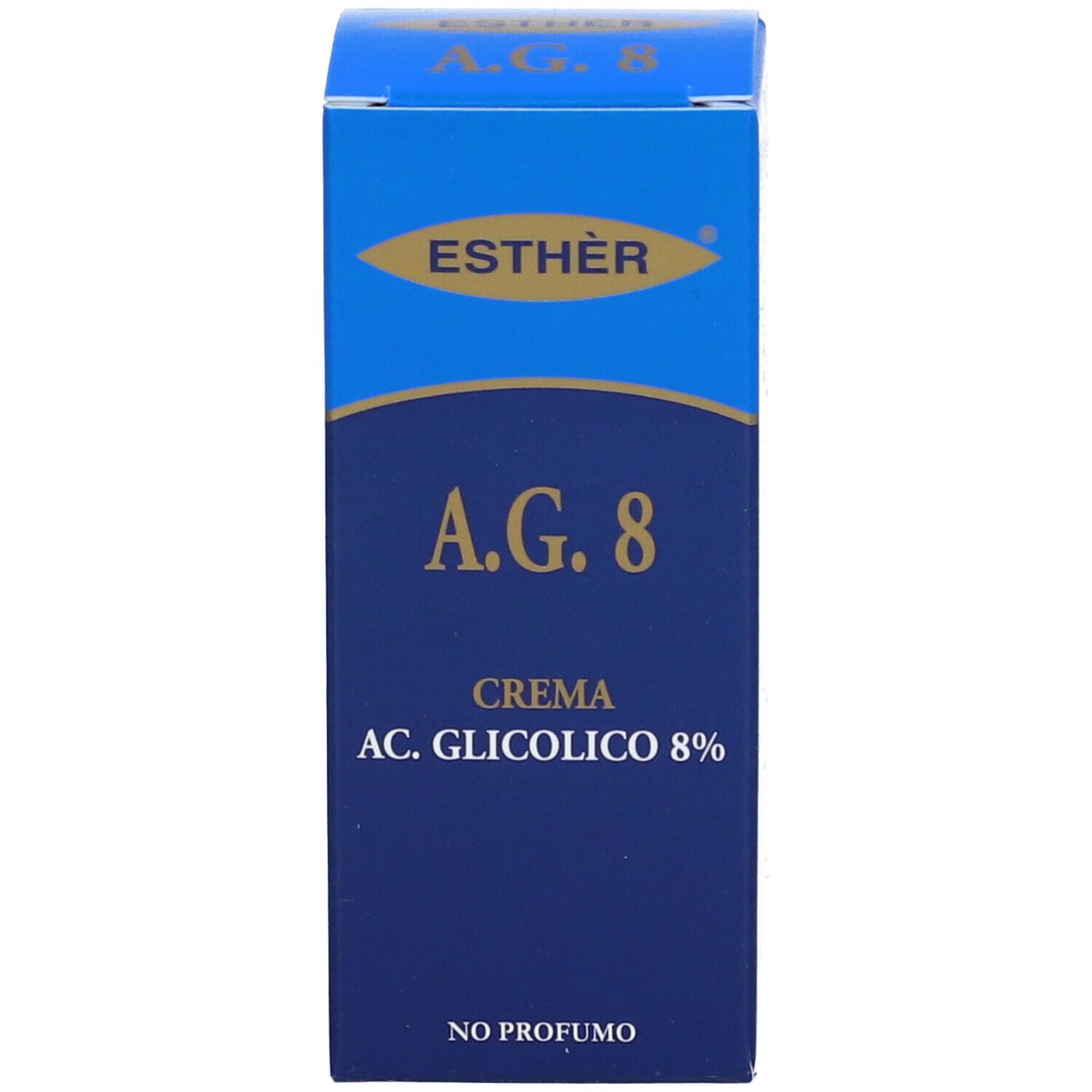 Scatola blu con nome e informazioni del prodotto: A.G. 8 Crema AC. Glicolico 8%. Senza profumo.