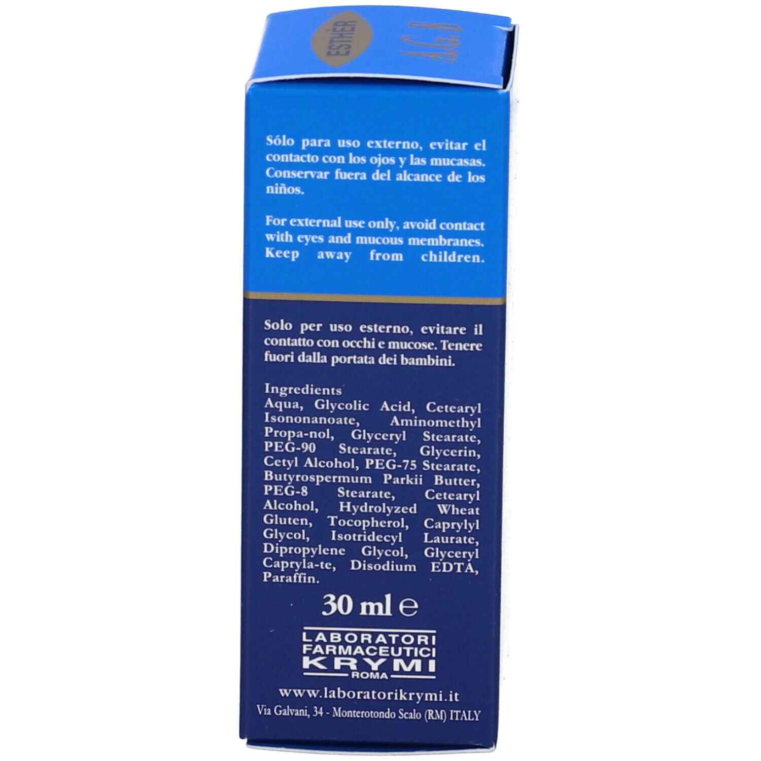 Retro della scatola con ingredienti e informazioni del produttore. Volume: 30 ml.
