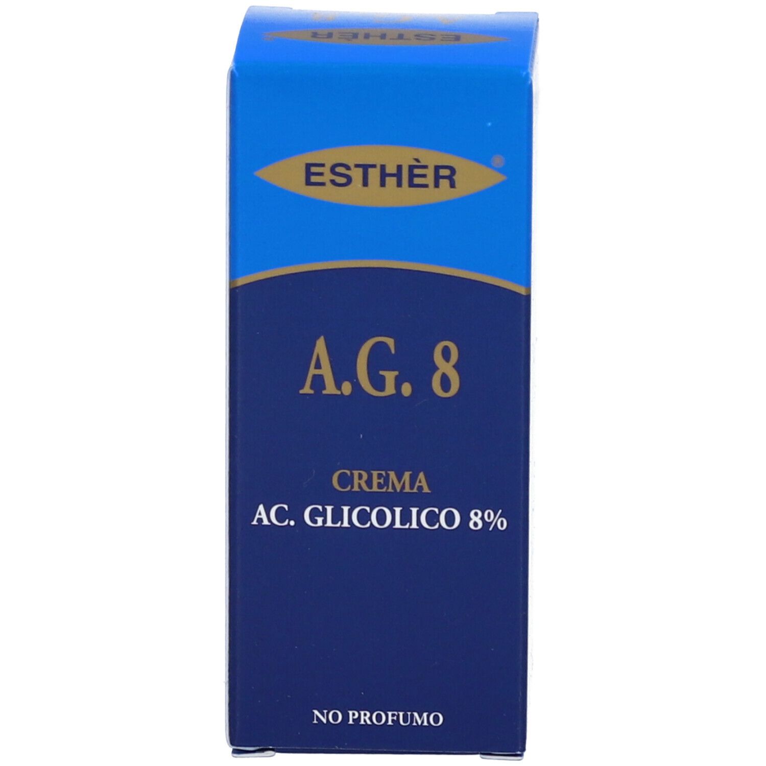 Scatola blu con nome e informazioni del prodotto: A.G. 8 Crema AC. Glicolico 8%.