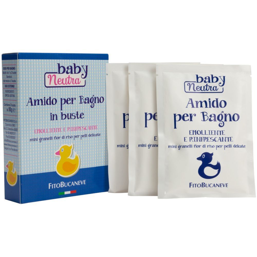 Confezione e bustine Baby Neutra Amido per Bagno. Contiene 3 bustine. Scritta: EMOLLIENTE E RINFRESCANTE.