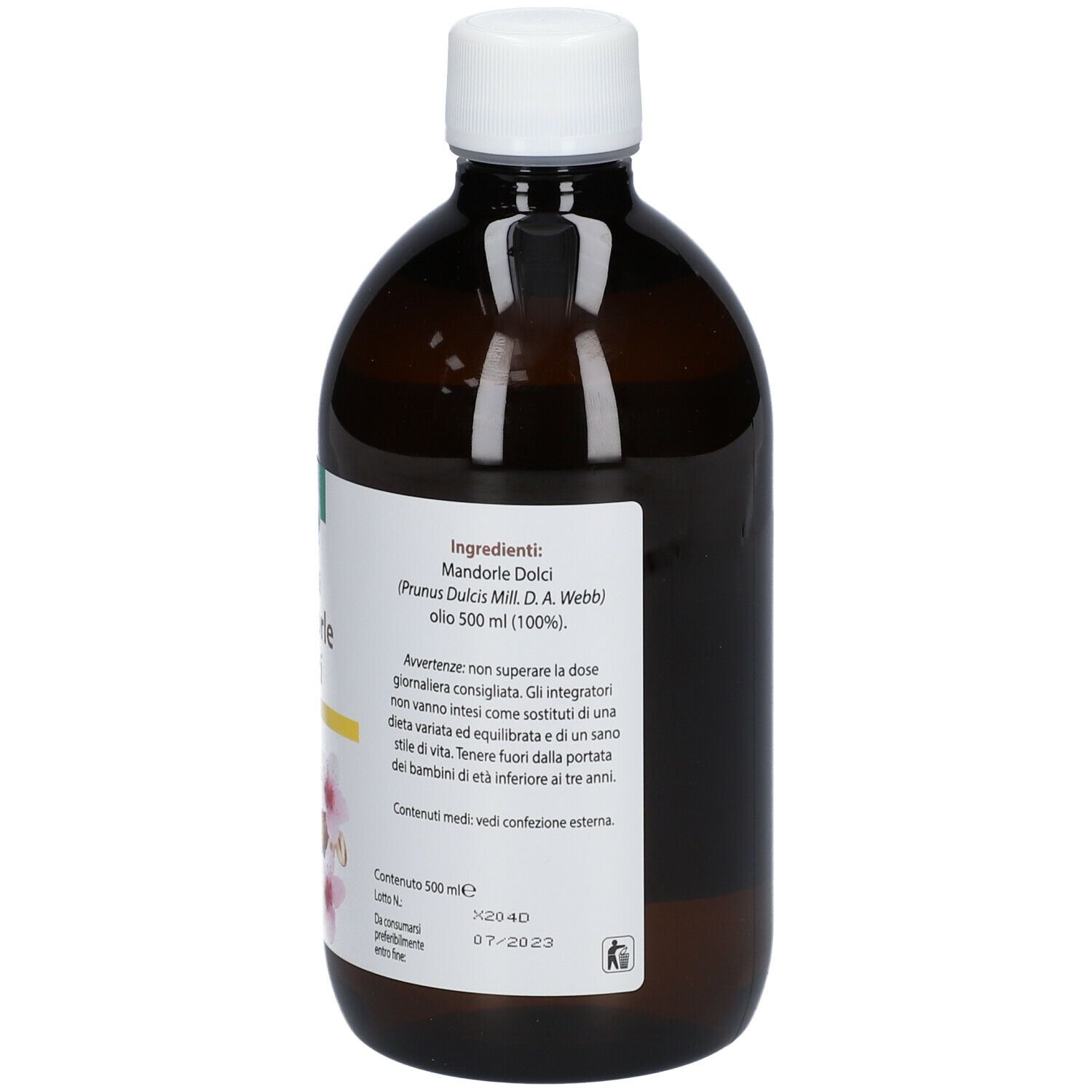 Rückseite der braunen Flasche ESI Süßmandelöl. Text: Inhaltsstoffe, Warnhinweise, Mindesthaltbarkeitsdatum.