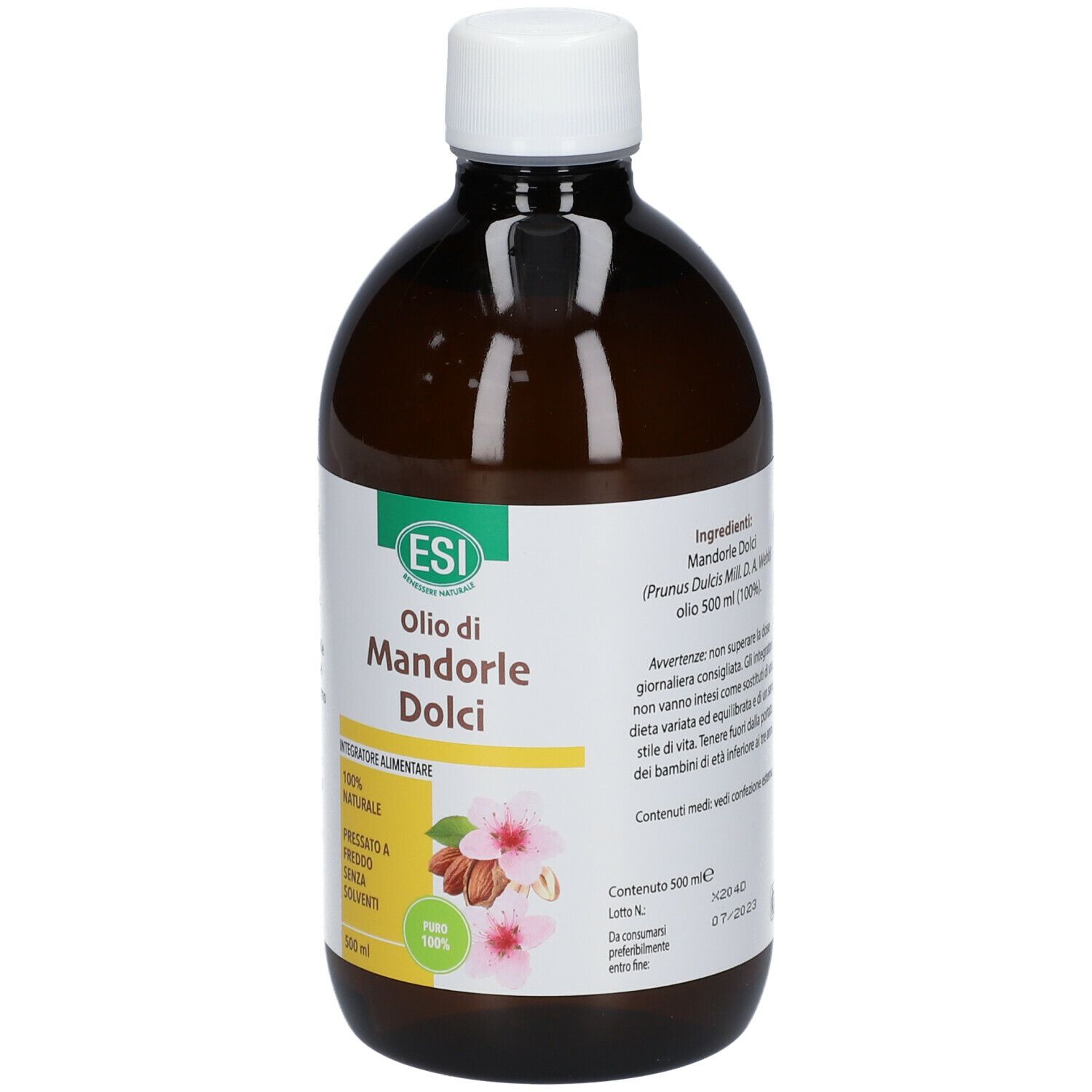 Braune Flasche ESI Süßmandelöl mit weißem Verschluss. Aufdruck: Oilo di Mandorle Dolci, 100% natürlich, kaltgepresst, ohne Lösungsmittel.
