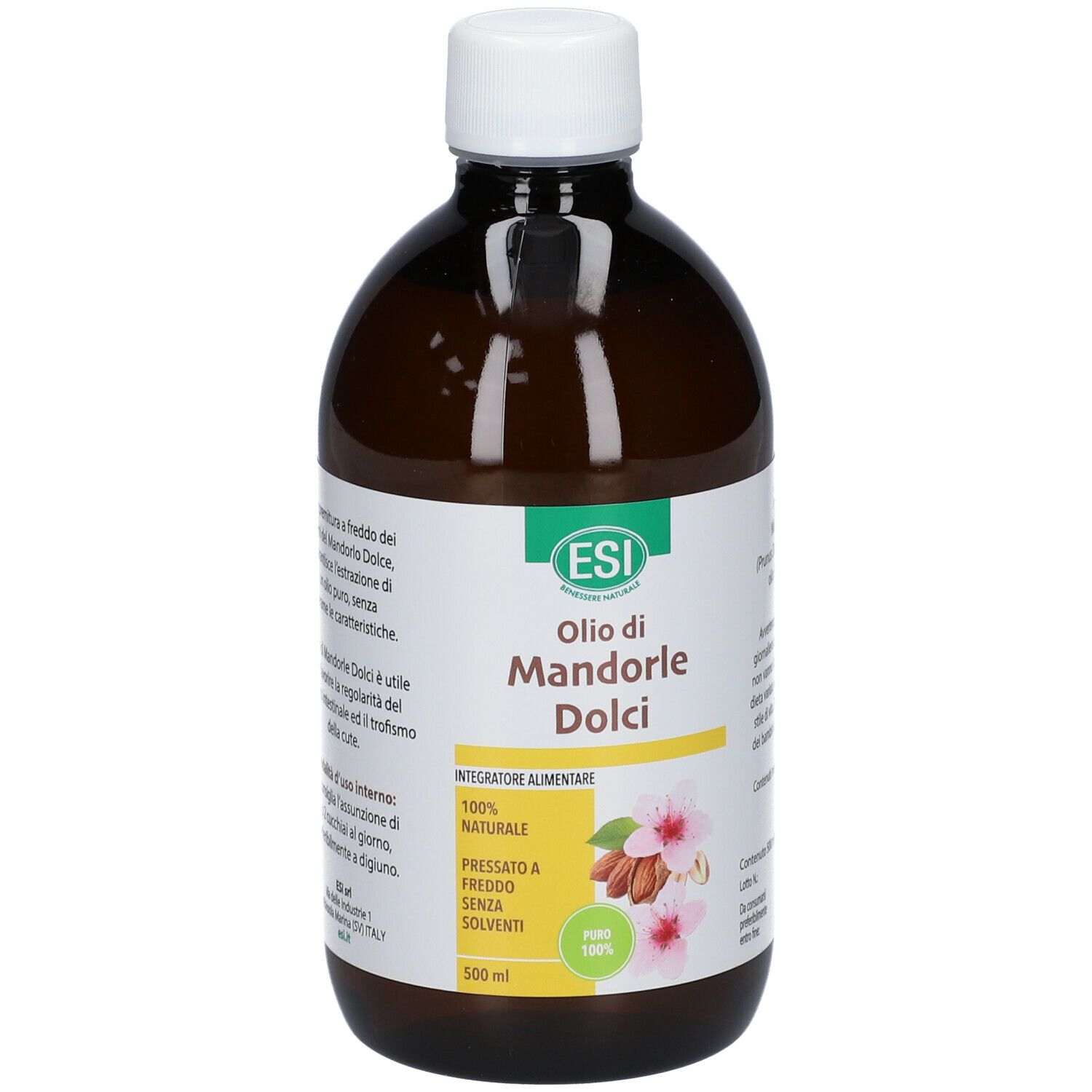 Rückseite der braunen Flasche ESI Süßmandelöl. Text: Oilo di Mandorle Dolci, 100% natürlich, kaltgepresst, ohne Lösungsmittel.