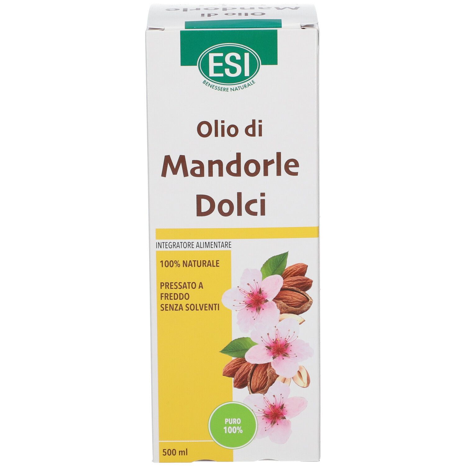 Kartonverpackung für ESI Süßmandelöl. Aufdruck: Oilo di Mandorle Dolci, 100% natürlich, kaltgepresst, ohne Lösungsmittel.