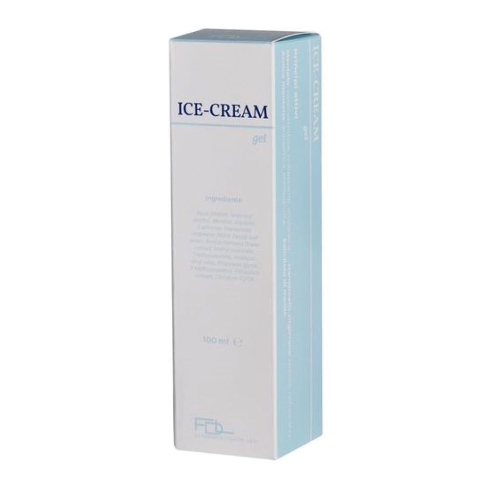 Scatola bianca con testo blu. Scritto: ICE-CREAM gel. Ingredienti e logo.