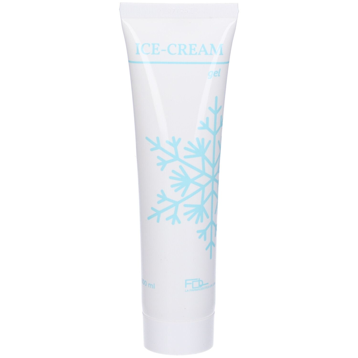 Tubo bianco con scritta blu ICE-CREAM gel e design fiocco di neve.