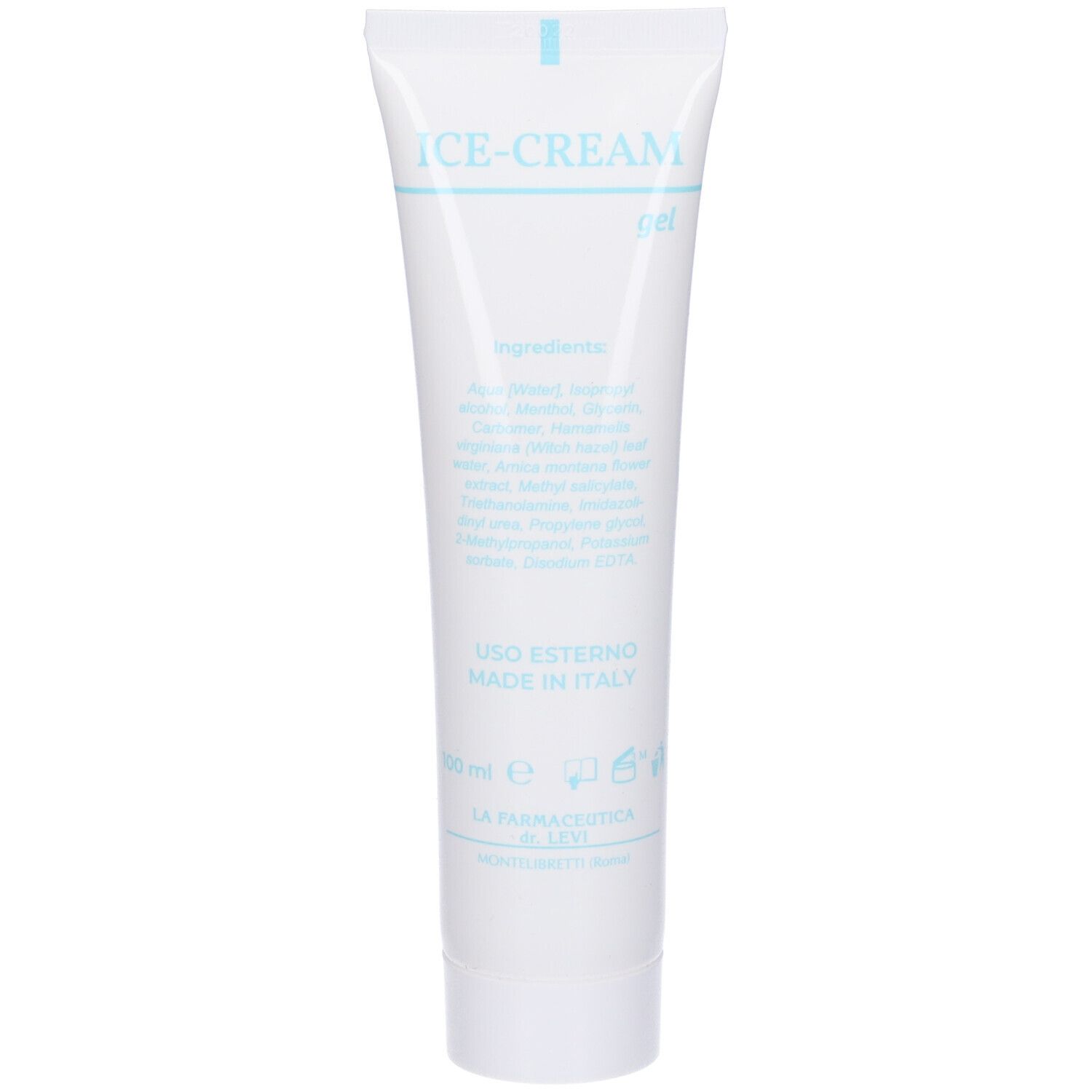 Tubo bianco con scritta blu ICE-CREAM gel. Scritto: Ingredienti, USO ESTERNO, MADE IN ITALY.