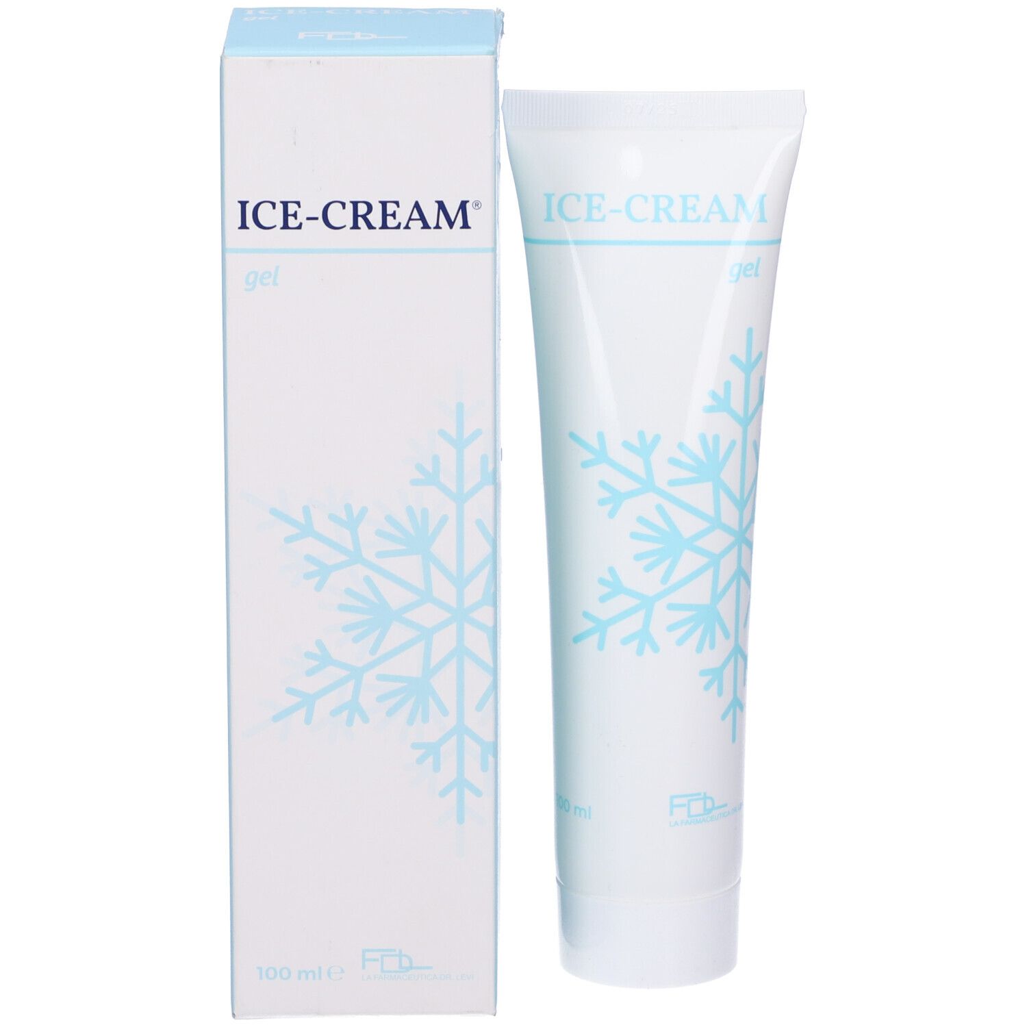 Confezione prodotto: Tubo e scatola bianchi. Scritto: ICE-CREAM gel e design fiocco di neve.