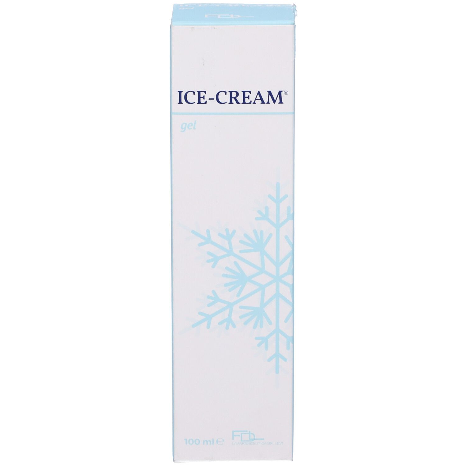 Scatola bianca con testo blu. Scritto: ICE-CREAM gel e design fiocco di neve.