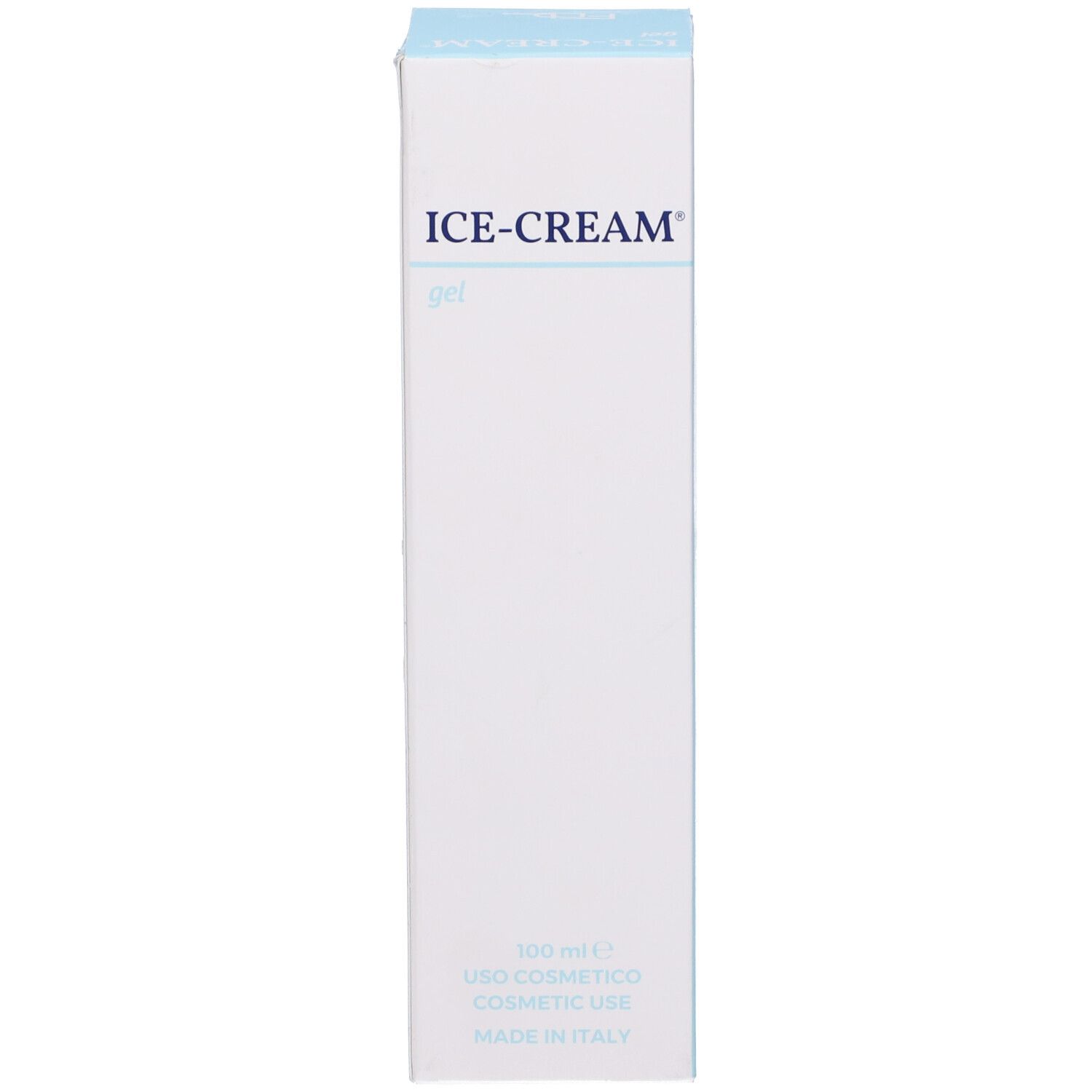 Scatola bianca con testo blu. Scritto: ICE-CREAM gel, USO COSMETICO, MADE IN ITALY.