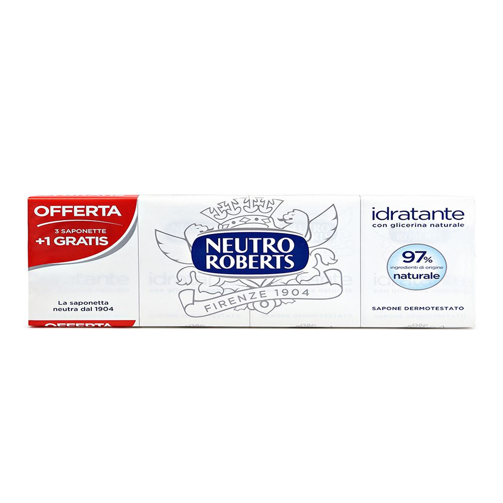 Packung mit drei Seifen +1 gratis. Marke Neutro Roberts. Aufschrift 'idratante' und '97% naturale'.