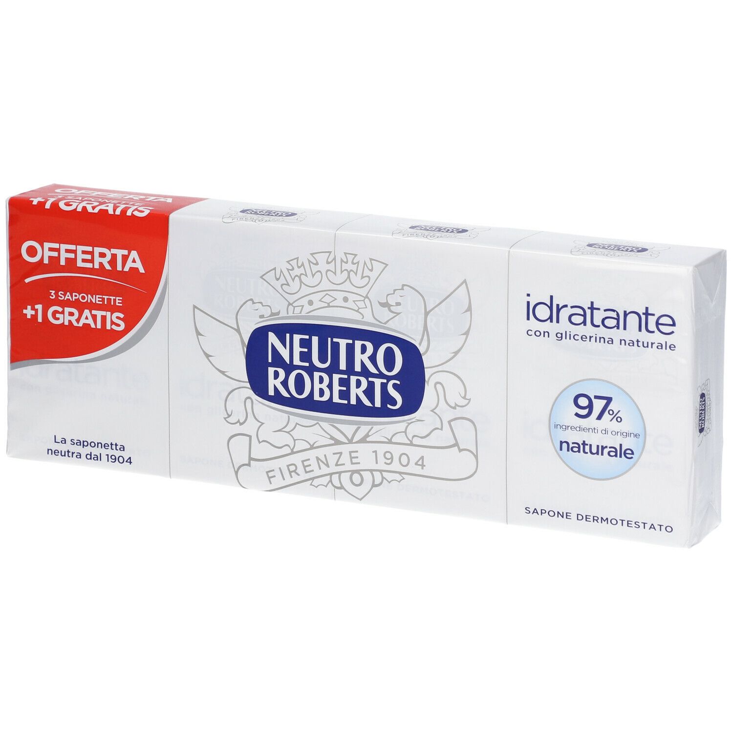 Packung mit drei Seifen +1 gratis. Marke Neutro Roberts. Aufschrift 'idratante' und '97% naturale'.