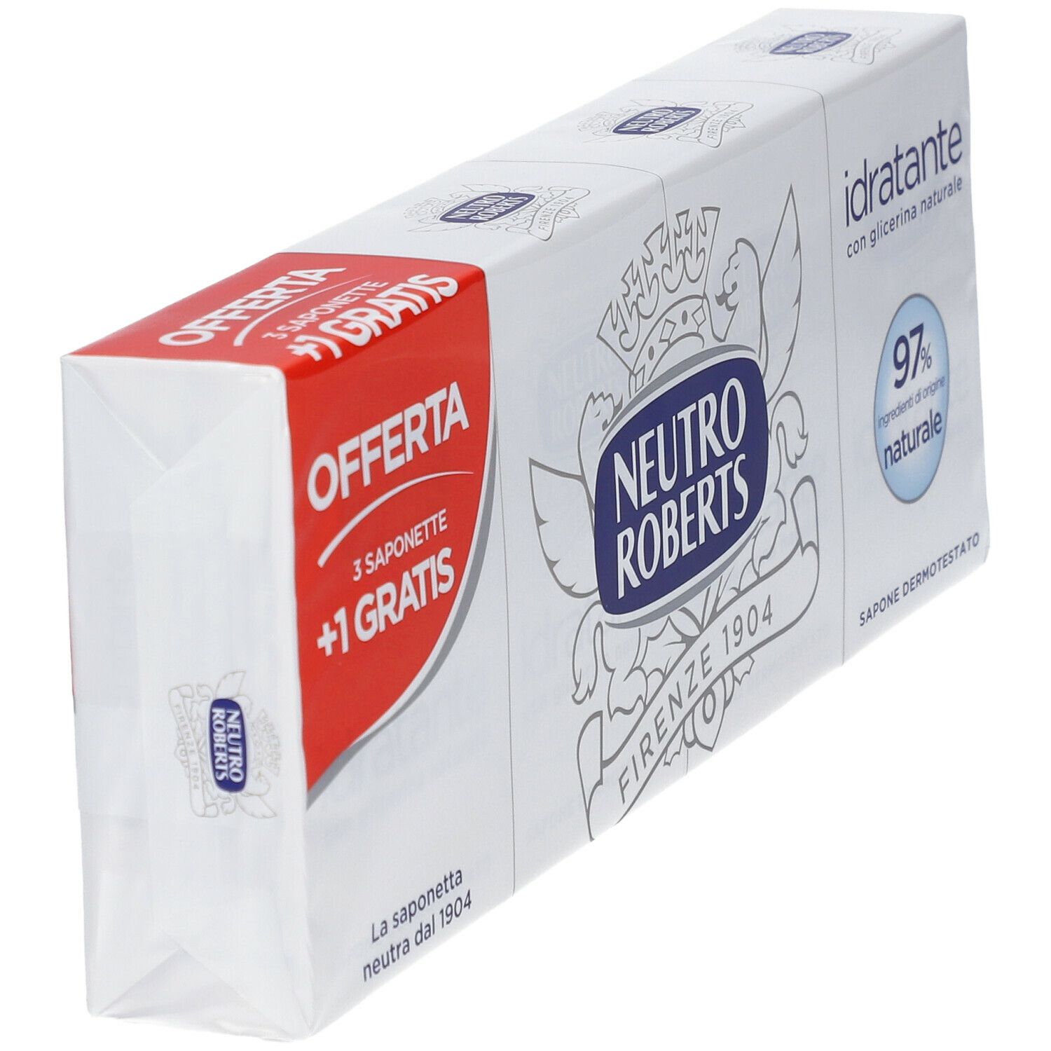Packung mit drei Seifen +1 gratis. Marke Neutro Roberts. Aufschrift 'idratante' und '97% naturale'.