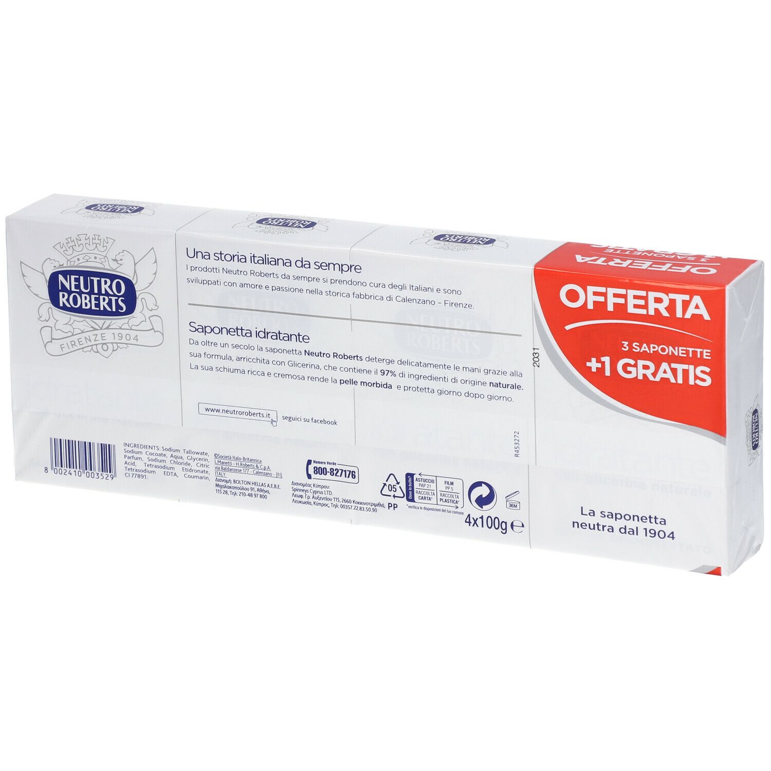 Rückseite der Packung mit drei Seifen +1 gratis. Marke Neutro Roberts. Text und Logos.