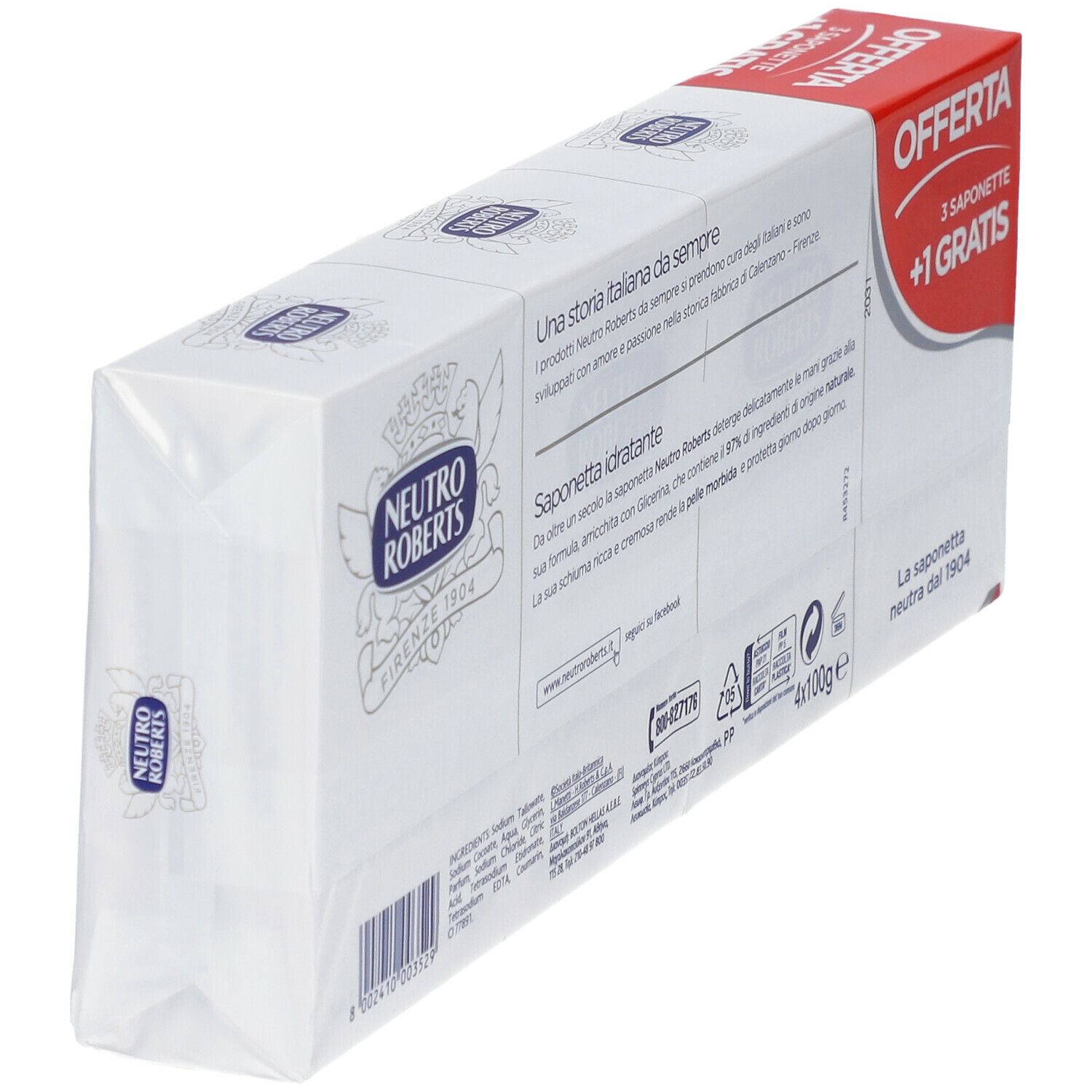 Rückseite der Packung mit drei Seifen +1 gratis. Marke Neutro Roberts. Text und Logos.