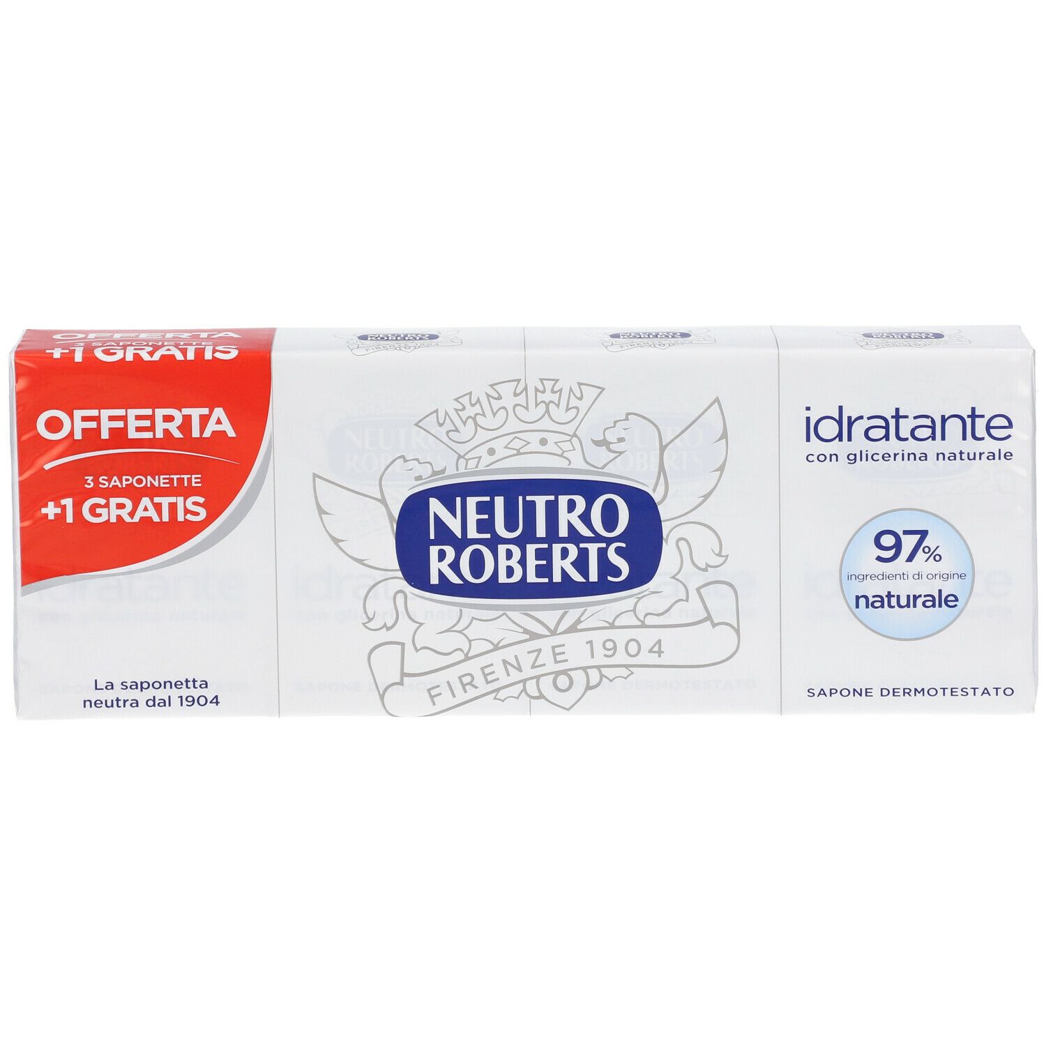 Packung mit drei Seifen +1 gratis. Marke Neutro Roberts. Aufschrift 'idratante' und '97% naturale'.