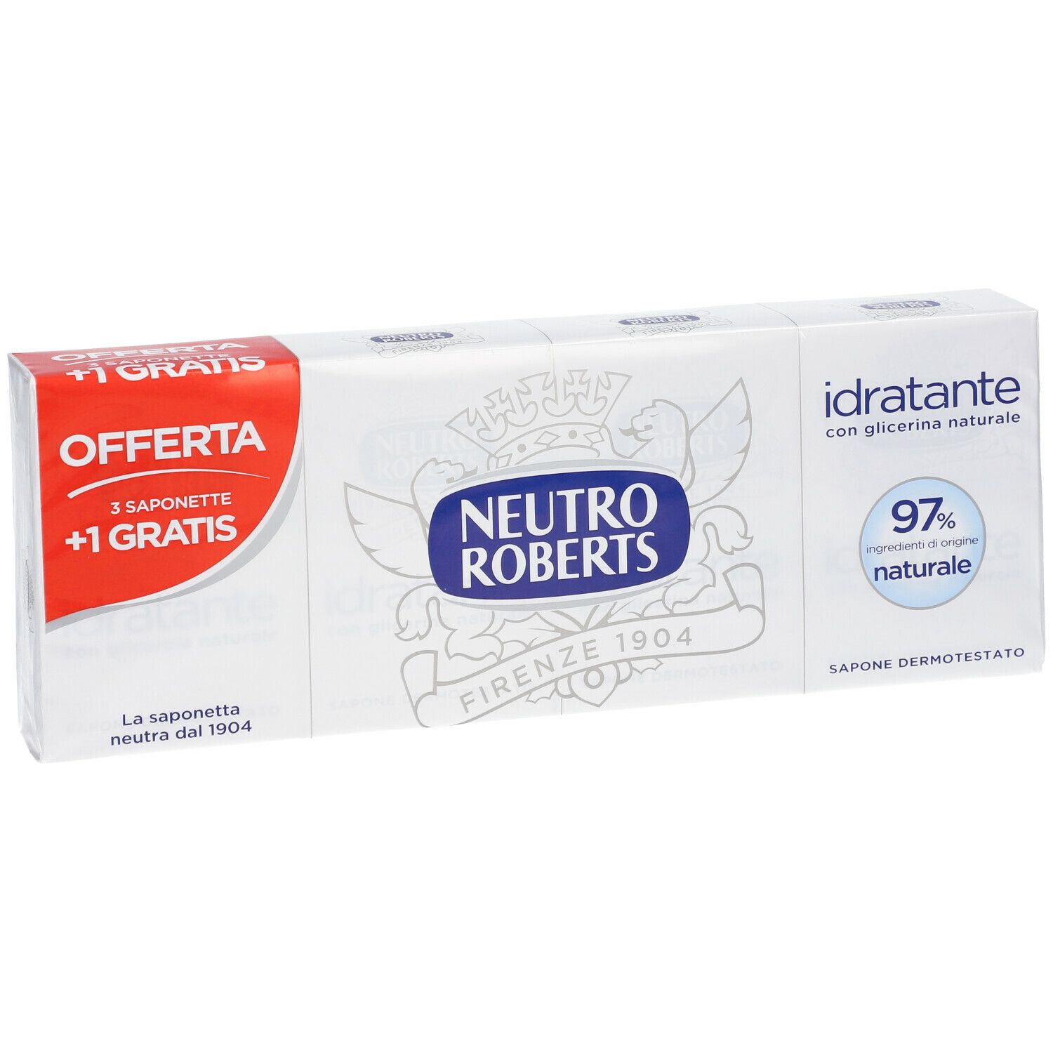 Packung mit drei Seifen +1 gratis. Marke Neutro Roberts. Aufschrift 'idratante' und '97% naturale'.