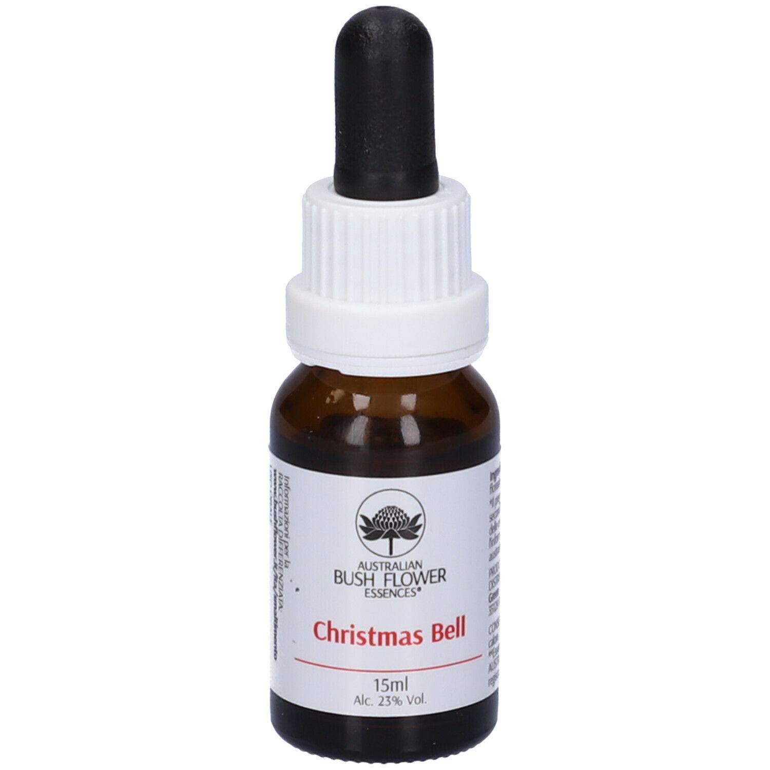 Flacone di vetro marrone con tappo bianco e contagocce nero. Etichetta con nome 'Christmas Bell'.