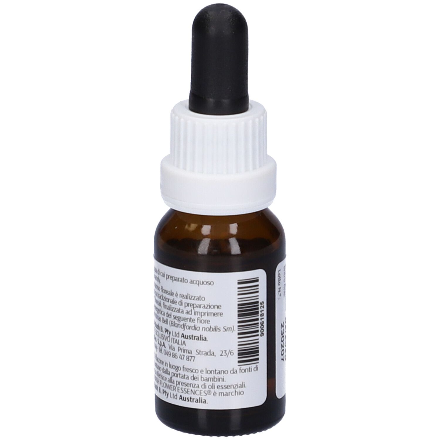 Flacone di vetro marrone con tappo bianco e contagocce nero. Etichetta con testo e codice a barre.