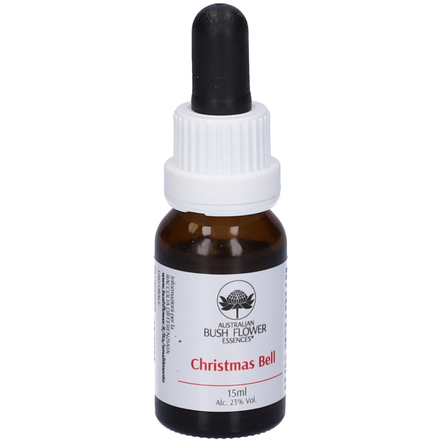 Flacone di vetro marrone con tappo bianco e contagocce nero. Etichetta con nome 'Christmas Bell'.