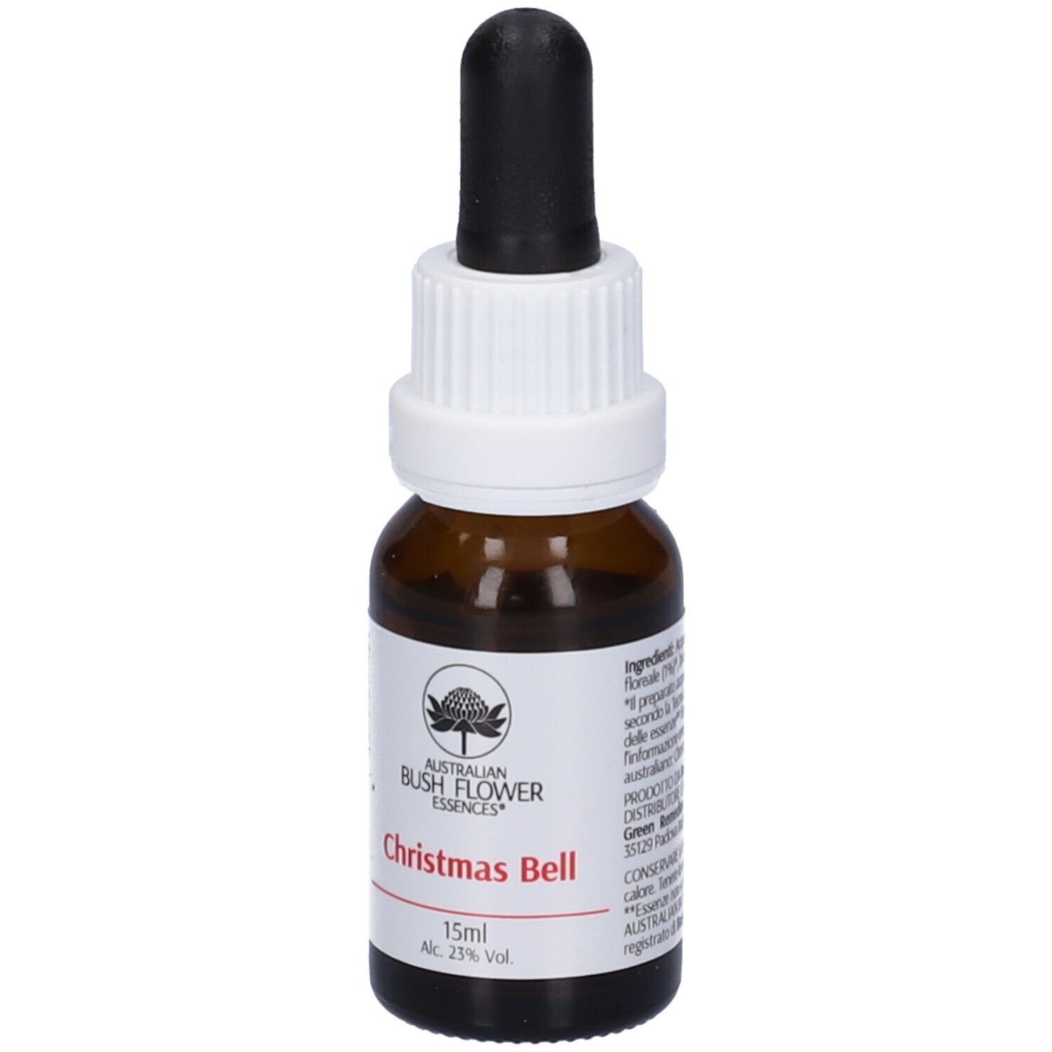 Flacone di vetro marrone con tappo bianco e contagocce nero. Etichetta con nome 'Christmas Bell'.
