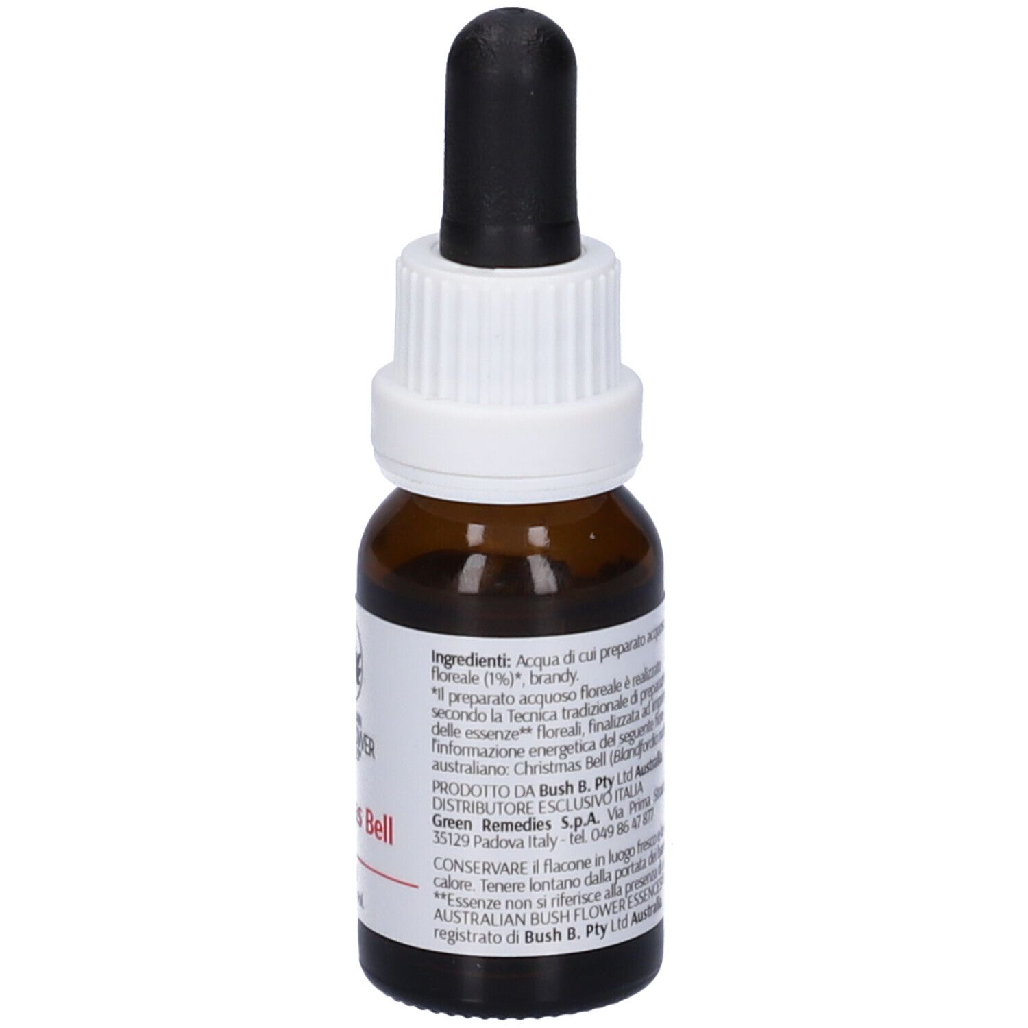 Flacone di vetro marrone con tappo bianco e contagocce nero. Etichetta con ingredienti e nome del prodotto.