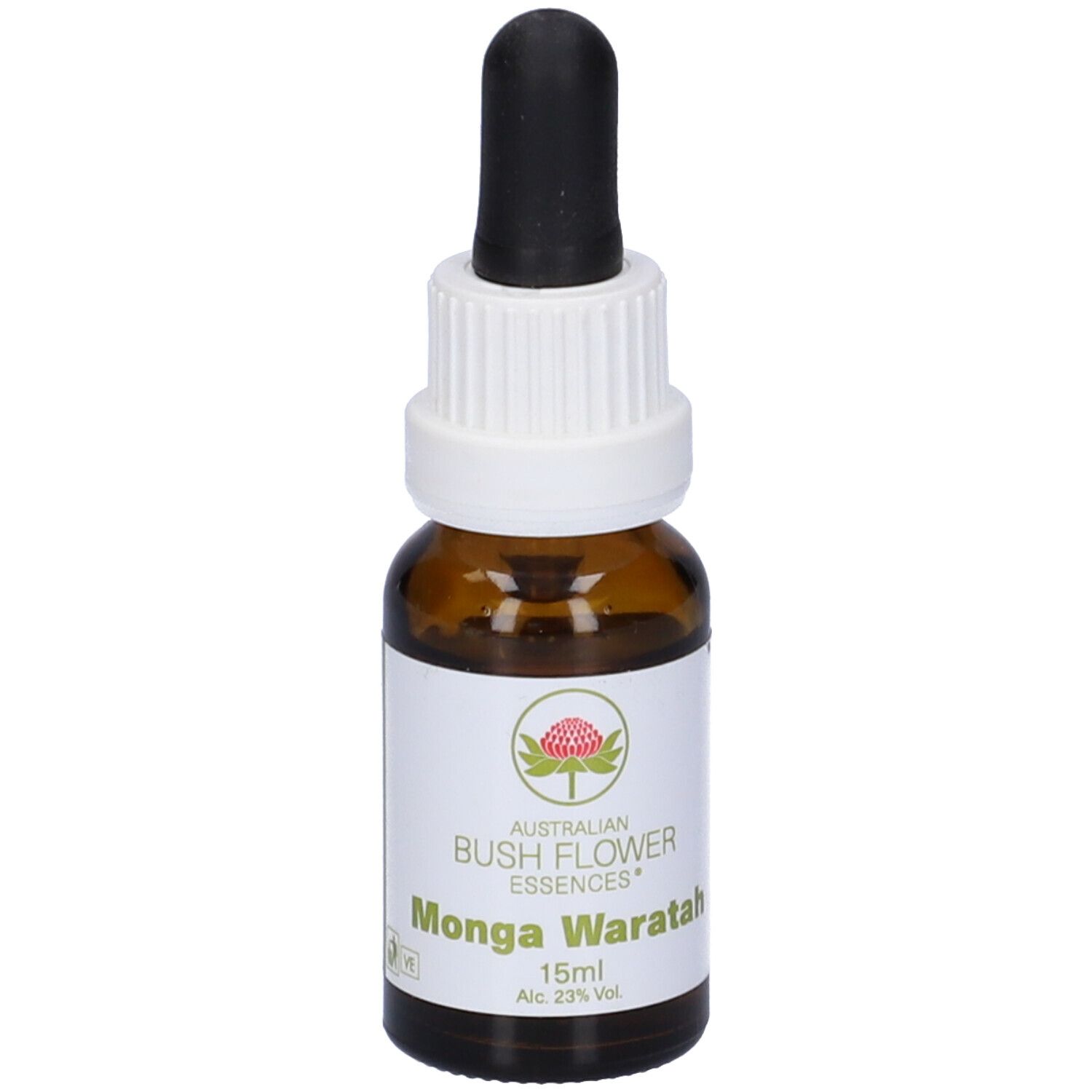 Flacone di vetro marrone, tappo bianco e contagocce nero. Etichetta con nome del prodotto e logo. 15ml.