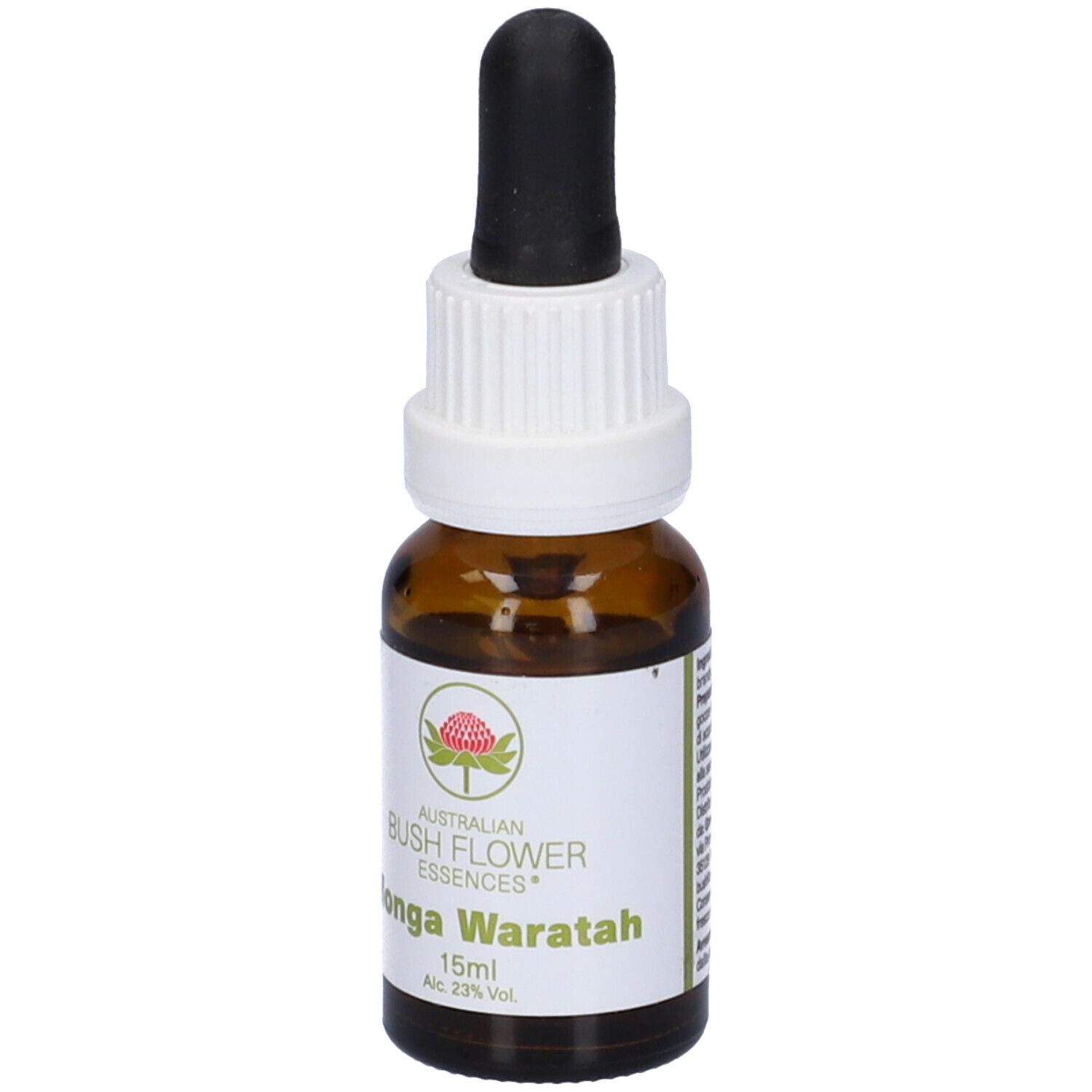Flacone di vetro marrone, tappo bianco e contagocce nero. Etichetta con nome del prodotto e logo. 15ml.