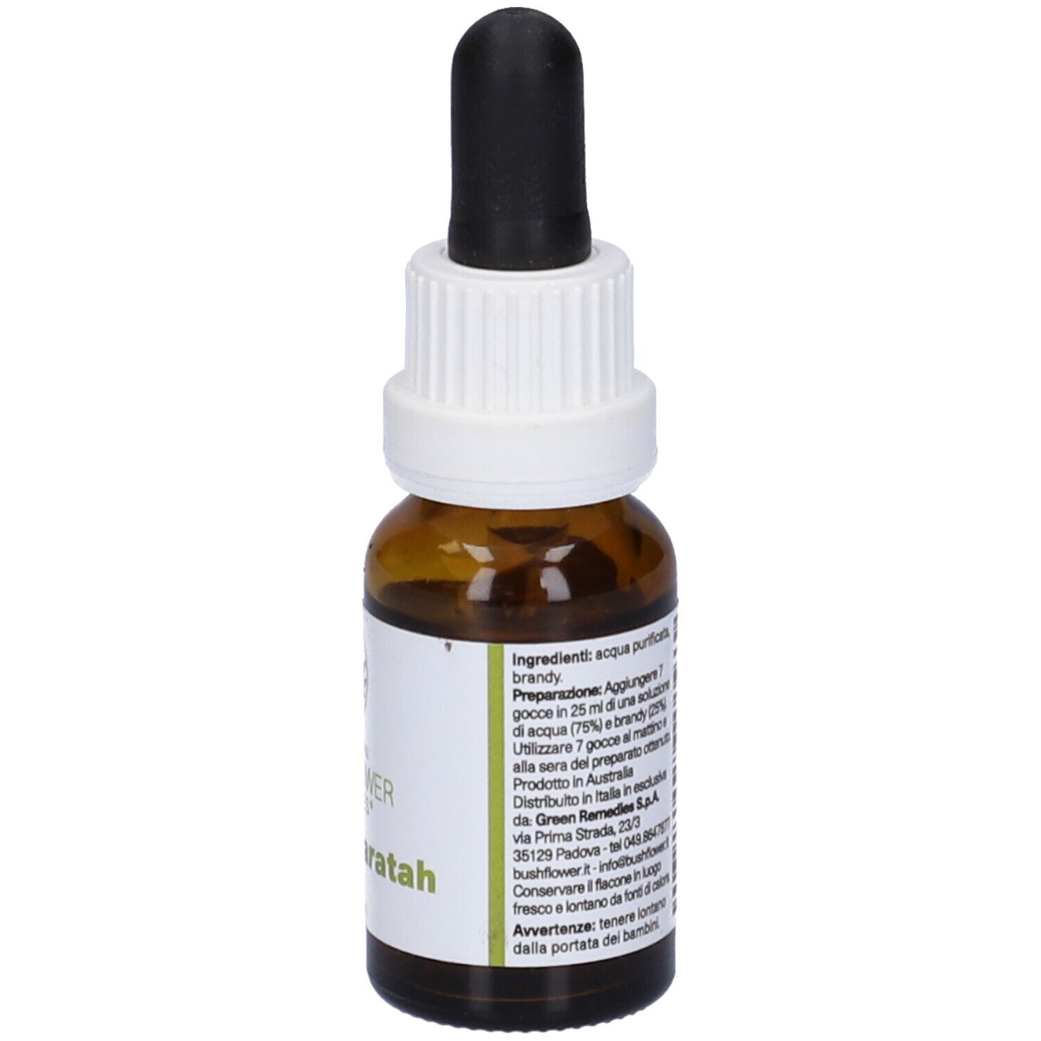 Flacone di vetro marrone, tappo bianco e contagocce nero. Etichetta con informazioni e ingredienti.