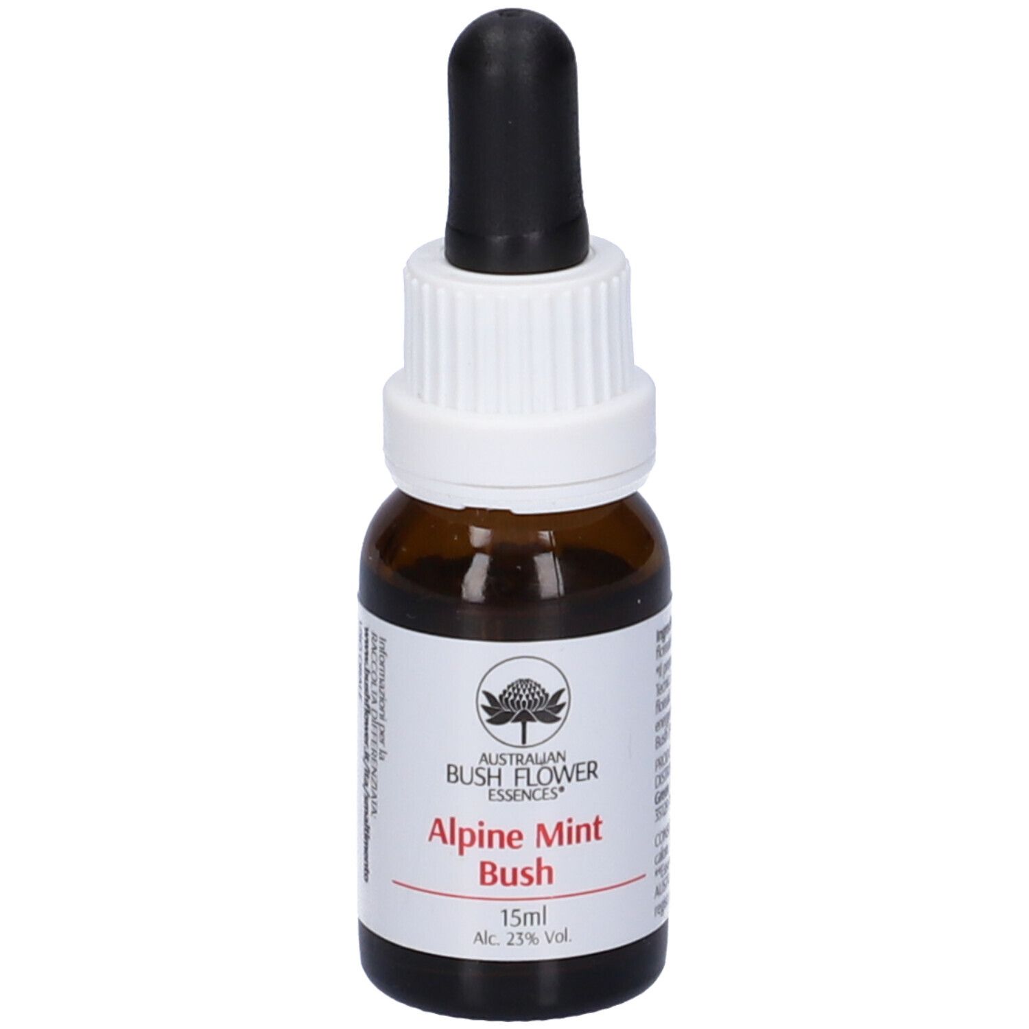 Flacone di vetro marrone con contagocce nero ed etichetta bianca. Scritta: Alpine Mint Bush, 15ml, 23% vol.