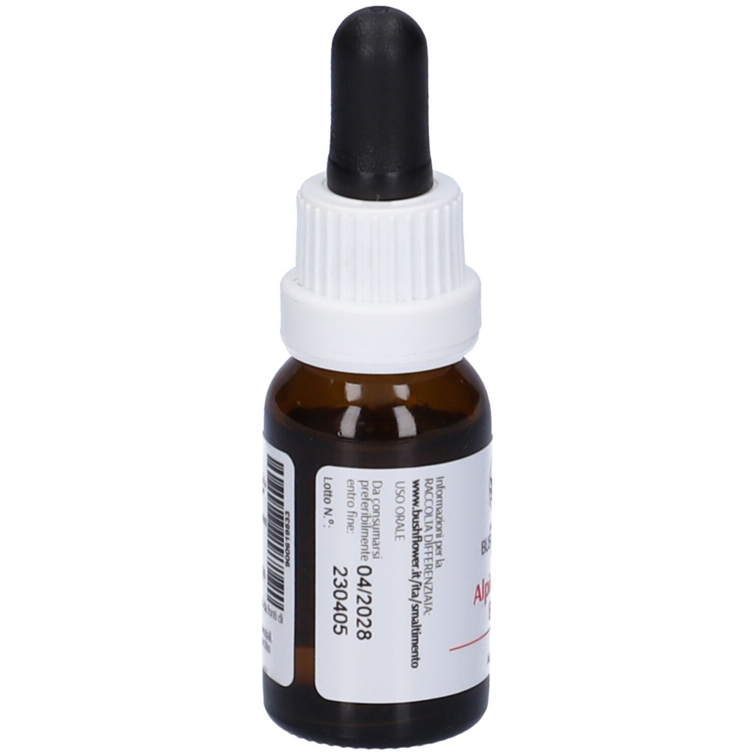 Flacone di vetro marrone con contagocce nero ed etichetta bianca. Scritta: Alpine Mint Bush, 15ml, 23% vol. Con numero di lotto e scadenza.