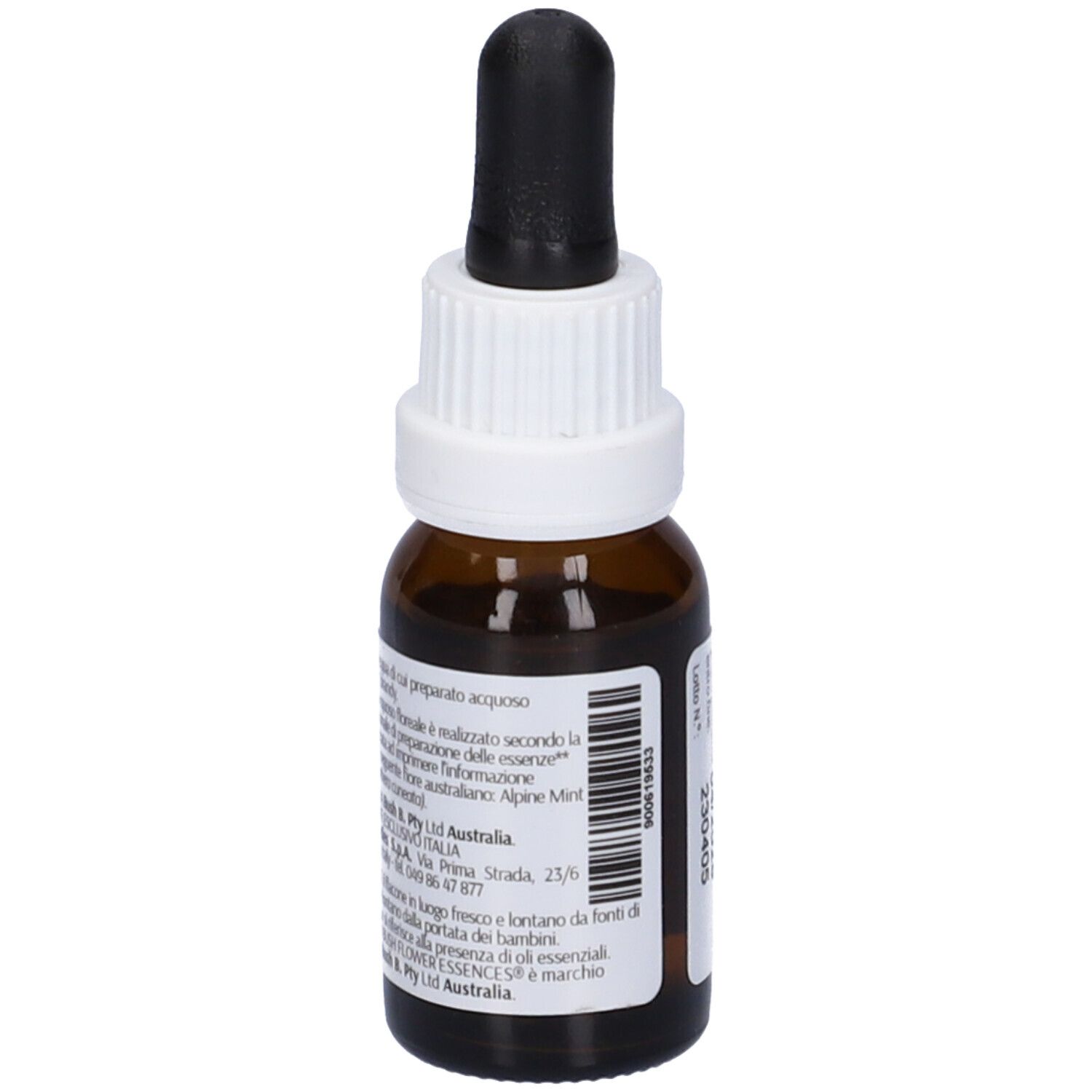 Flacone di vetro marrone con contagocce nero ed etichetta bianca. Scritta: Alpine Mint Bush, 15ml, 23% vol. Con numero di lotto e scadenza.