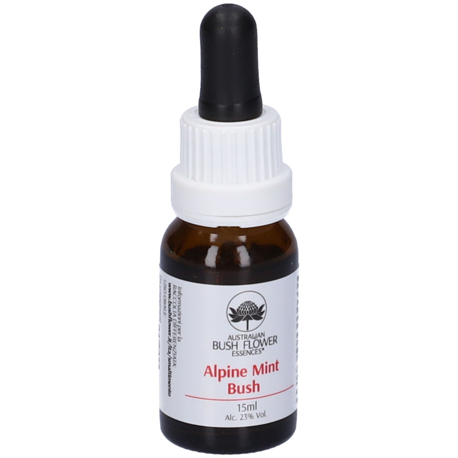 Flacone di vetro marrone con contagocce nero ed etichetta bianca. Scritta: Alpine Mint Bush, 15ml, 23% vol.