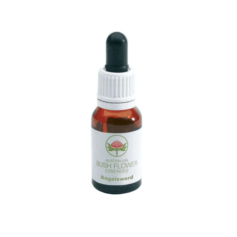 Flacone di vetro marrone con contagocce nero. L'etichetta riporta "Australian Bush Flower Essences Angelsword".