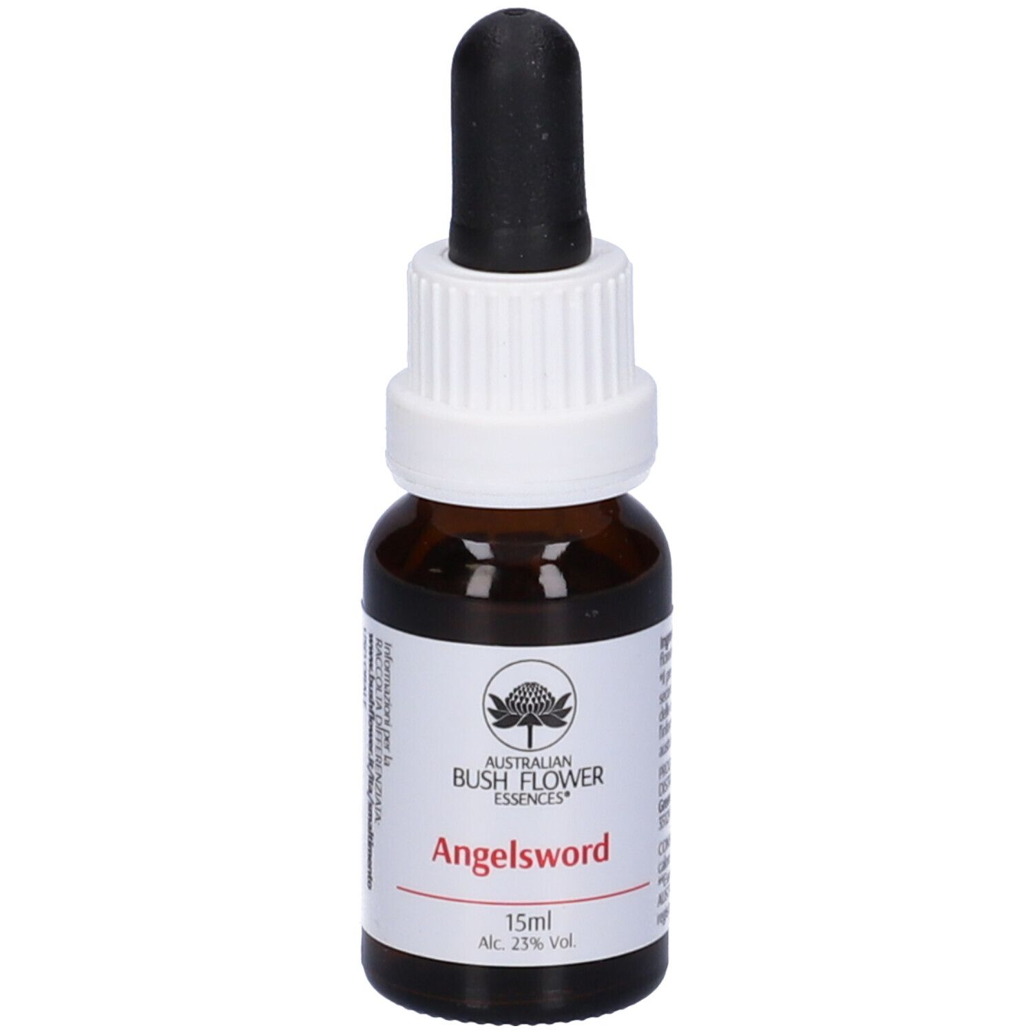 Flacone di vetro marrone con contagocce nero. Etichetta con "Angelsword", "15ml" e "Alc. 23% Vol".