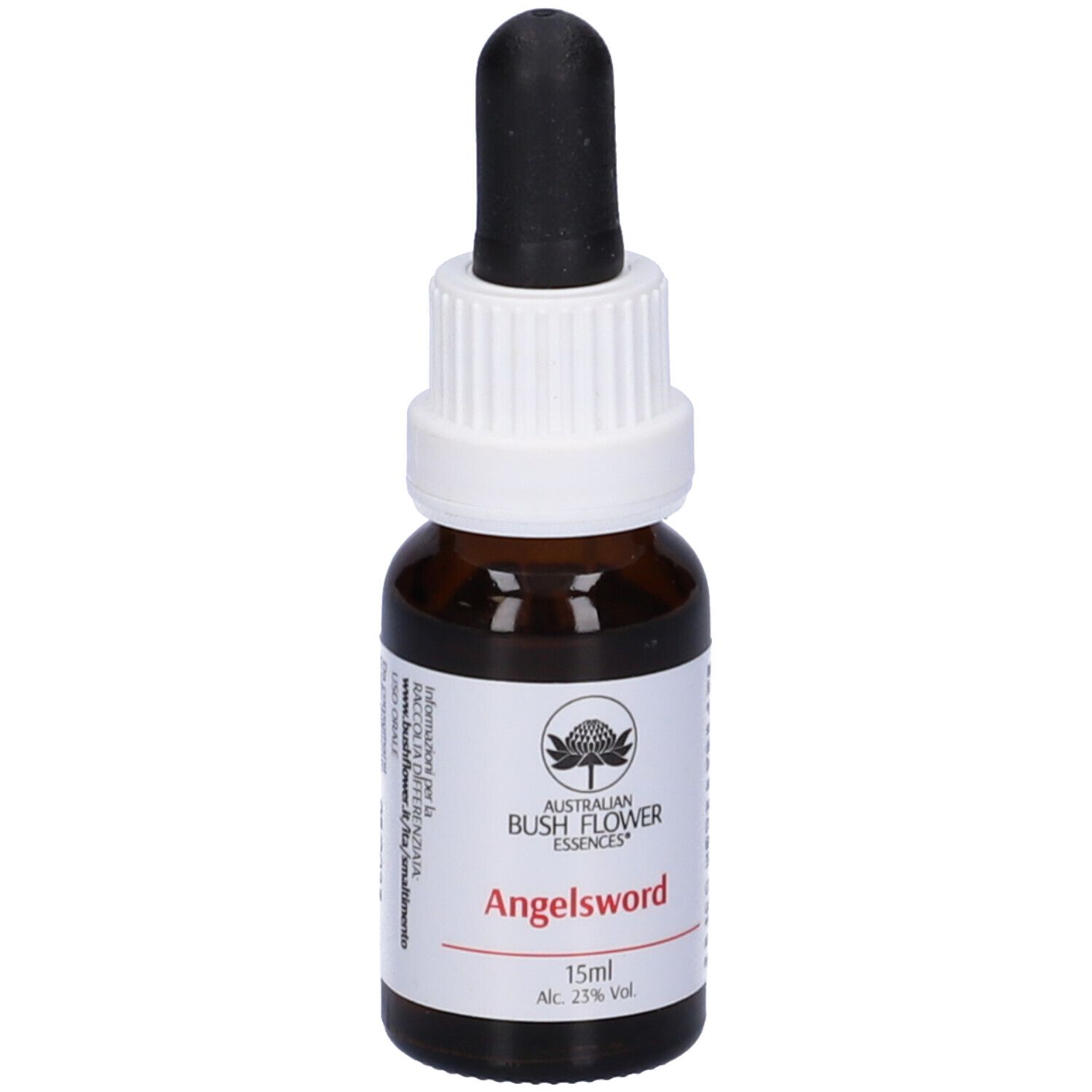 Flacone di vetro marrone con contagocce nero. Etichetta con "Angelsword", "15ml" e "Alc. 23% Vol".