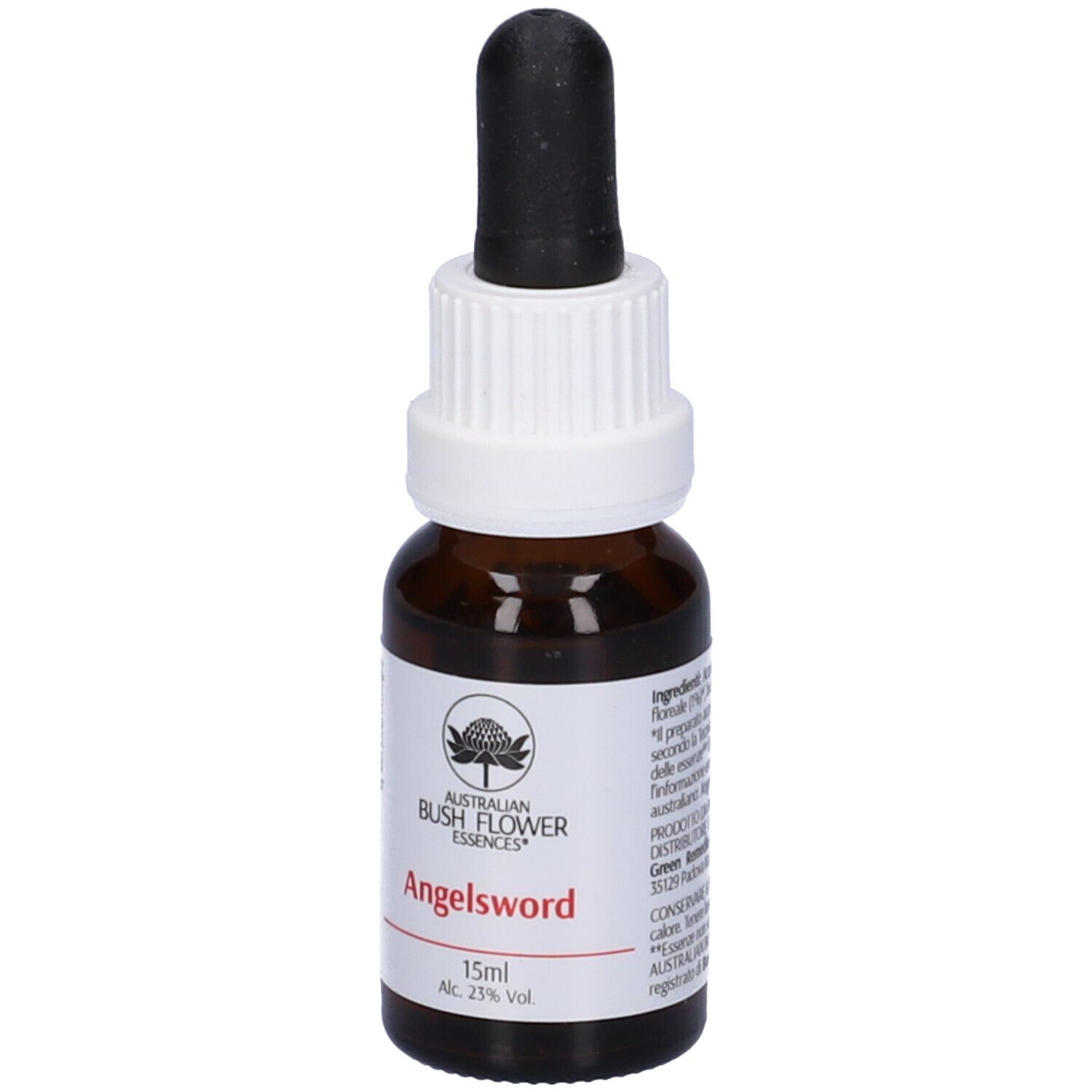Flacone di vetro marrone con contagocce nero. Etichetta con "Angelsword", "15ml" e "Alc. 23% Vol".