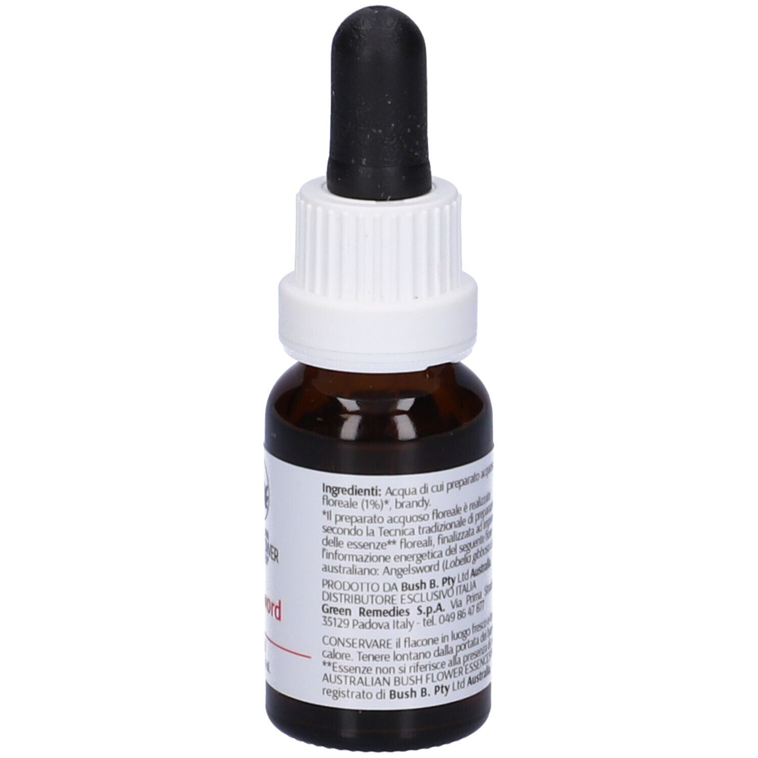 Flacone di vetro marrone con contagocce nero. Etichetta con testo, ingredienti e "Angelsword".