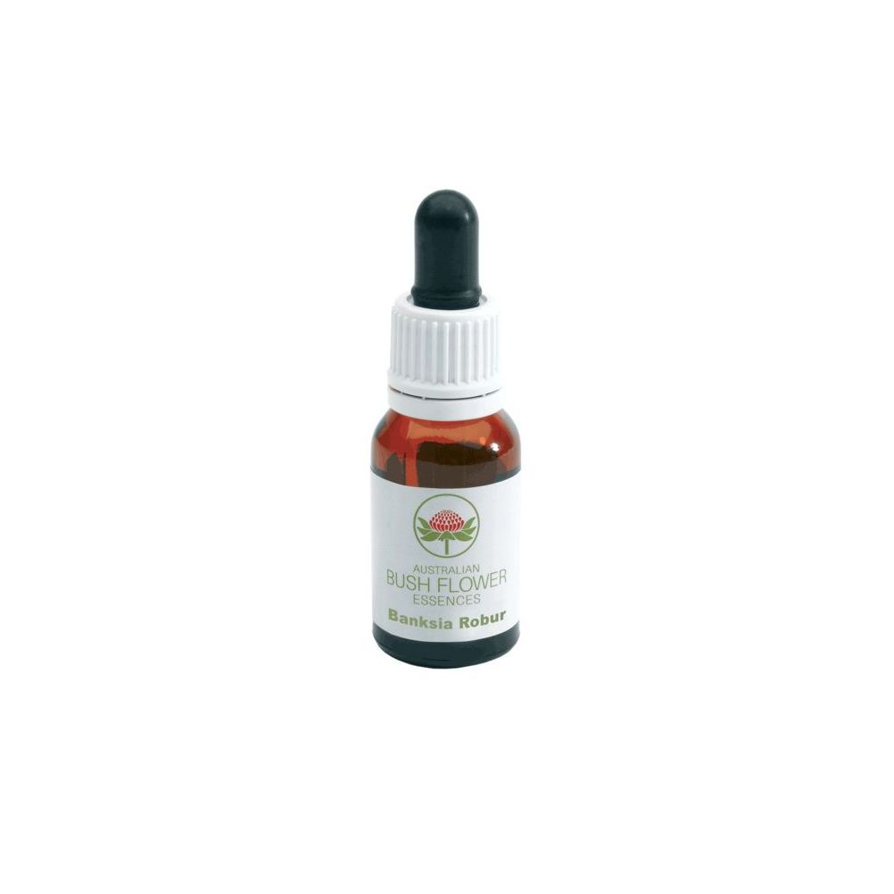 Flacone di vetro marrone con contagocce nero. L'etichetta riporta "Australian Bush Flower Essences Banksia Robur".