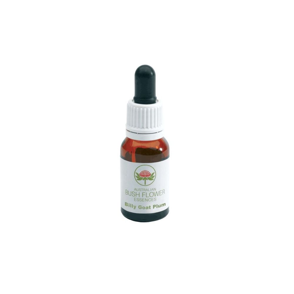 Flacone di vetro marrone con contagocce. Scritta: Australian Bush Flower Essences, Billy Goat Plum.