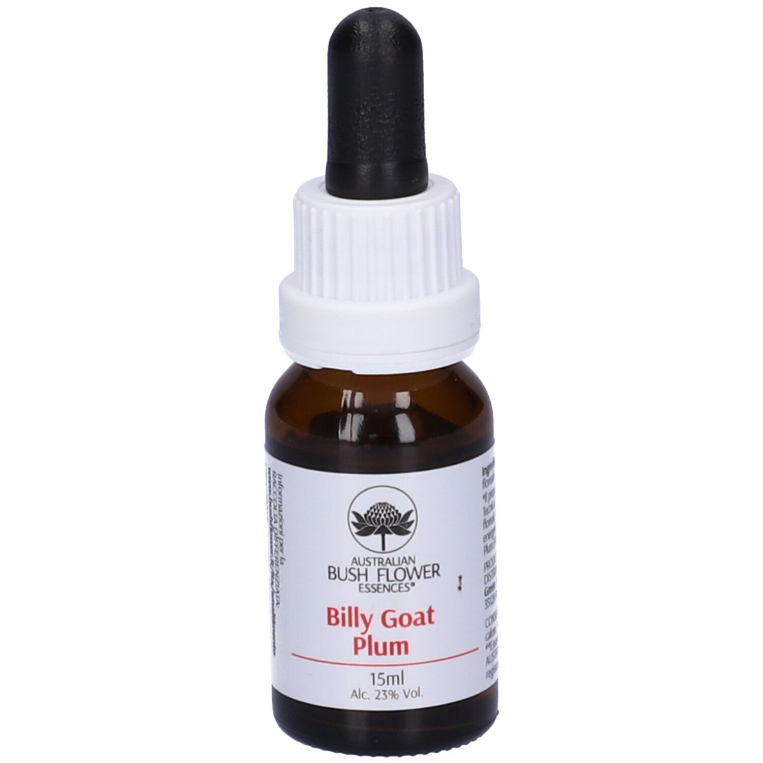 Flacone di vetro marrone con contagocce. Scritta: Australian Bush Flower Essences, Billy Goat Plum, 15ml.
