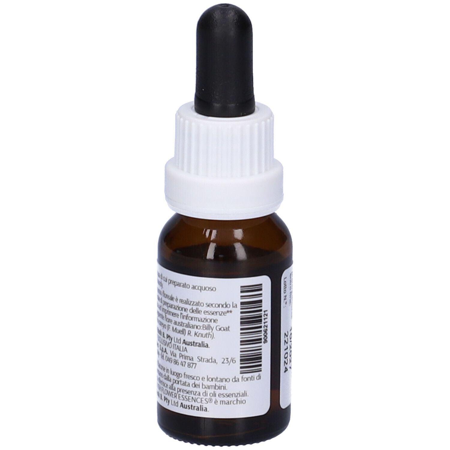 Flacone di vetro marrone con contagocce. Scritta: Australian Bush Flower Essences, Billy Goat Plum, 15ml, etichetta.