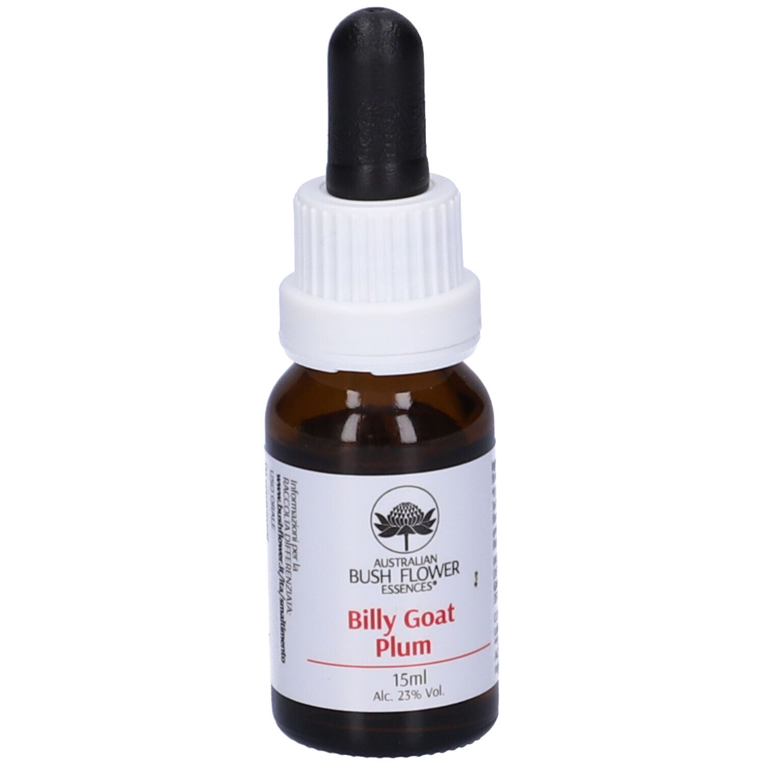 Flacone di vetro marrone con contagocce. Scritta: Australian Bush Flower Essences, Billy Goat Plum, 15ml, etichetta.